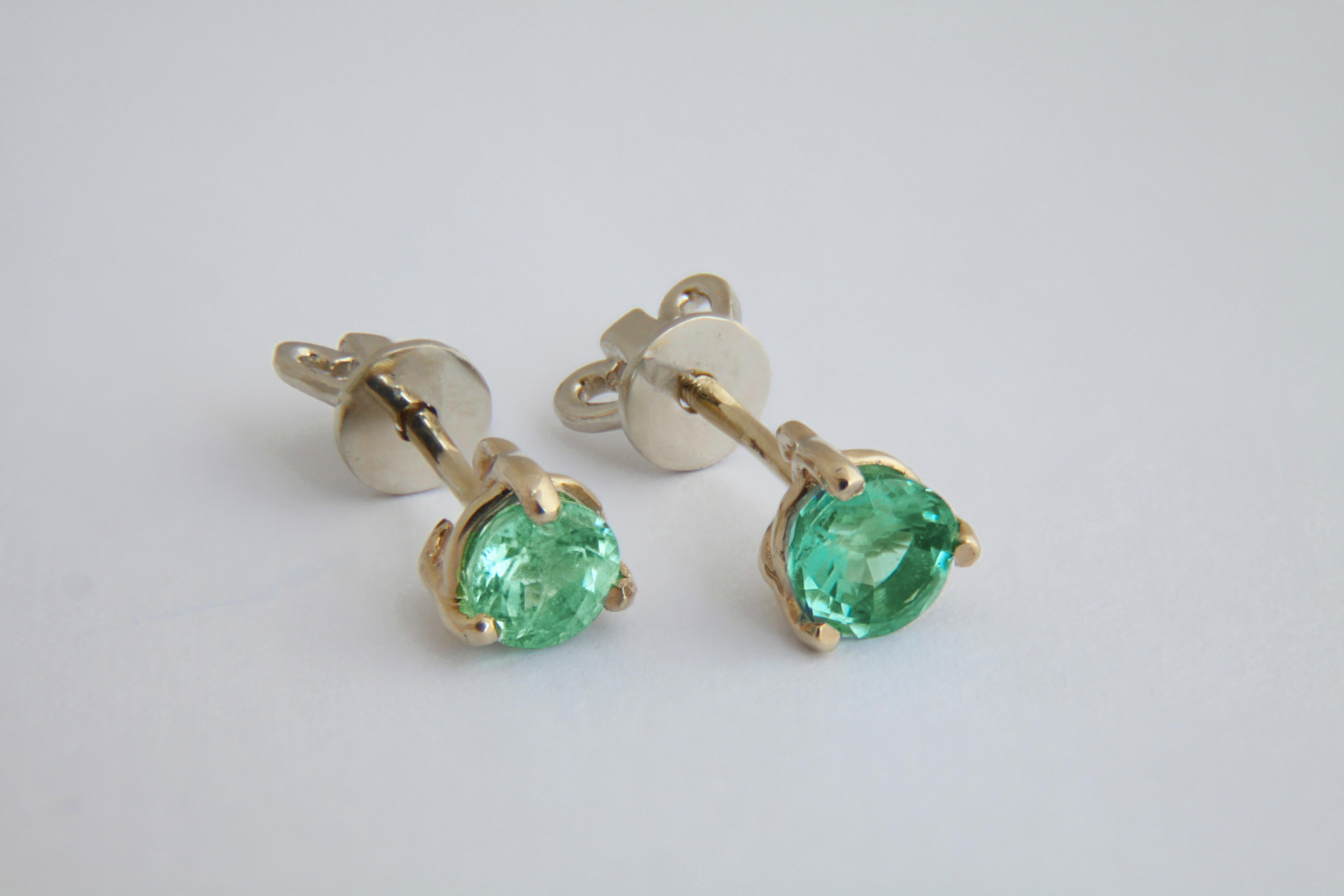 Round Cut 14 K Gold Earrings with Emeralds For Sale