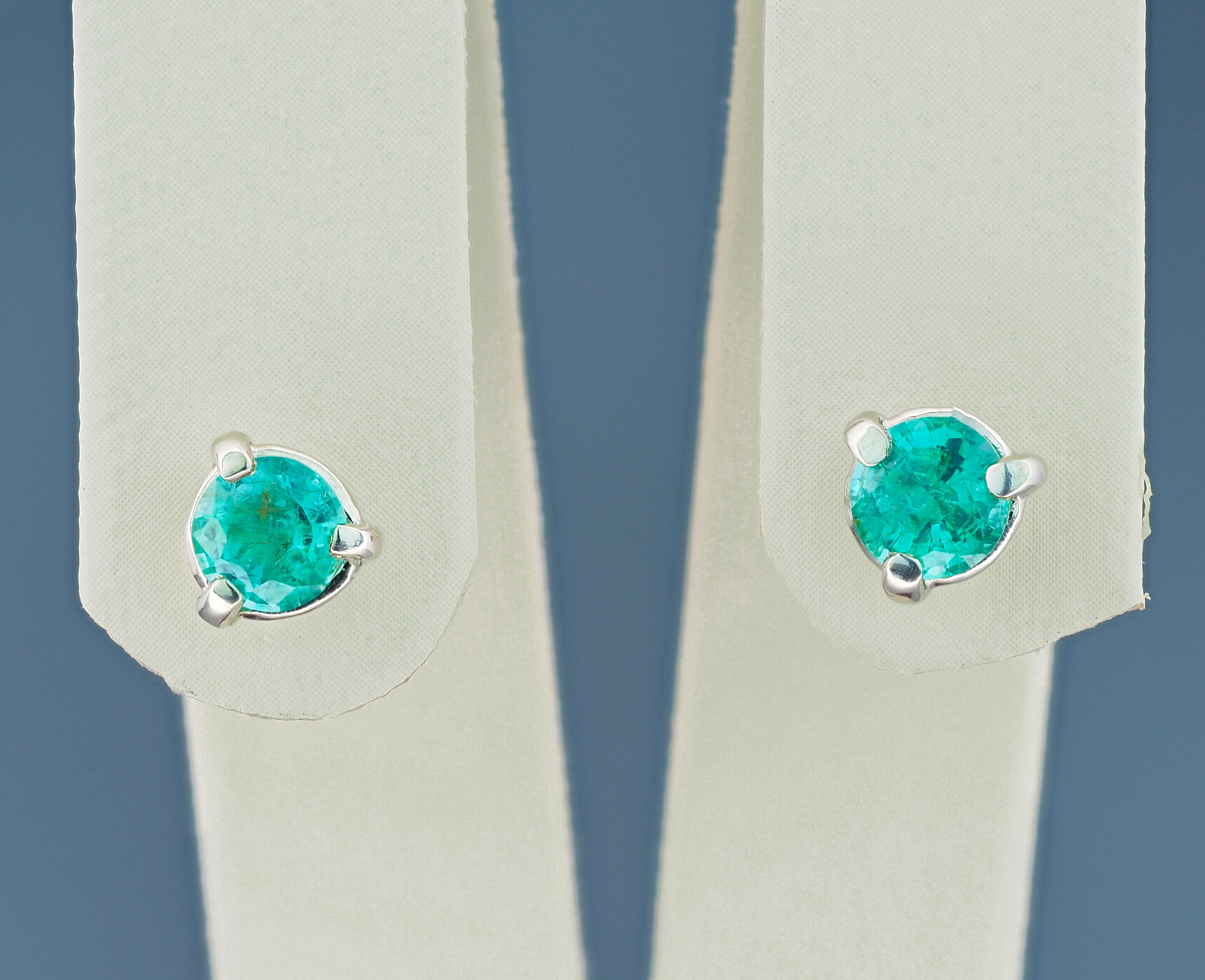 Women's 14 K Gold Earrings with Genuine Emeralds, Emerald Stud Earrrings For Sale