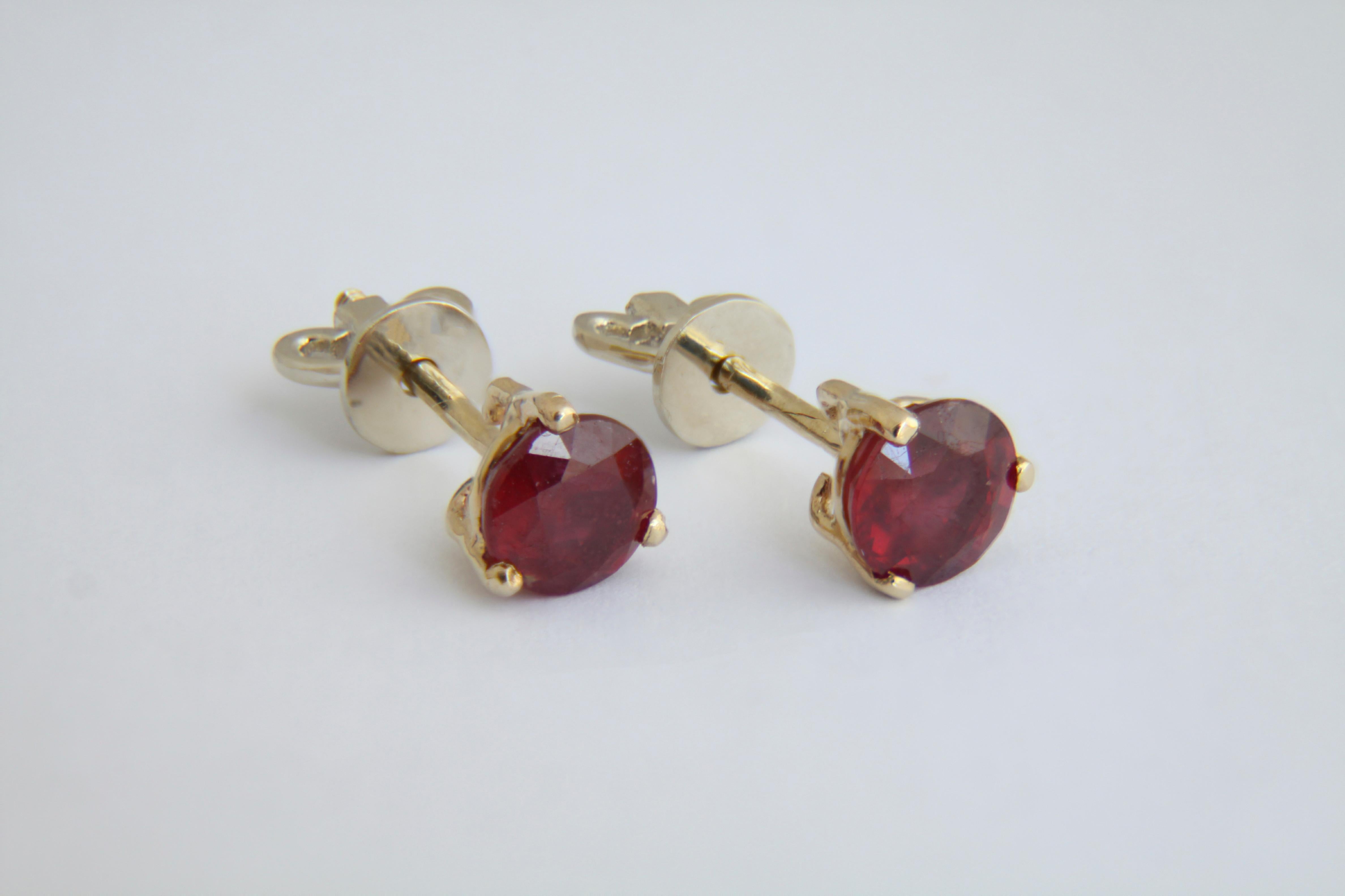 Modern 14 K Gold Earrings with Genuine Rubies, Ruby Stud Earrrings For Sale