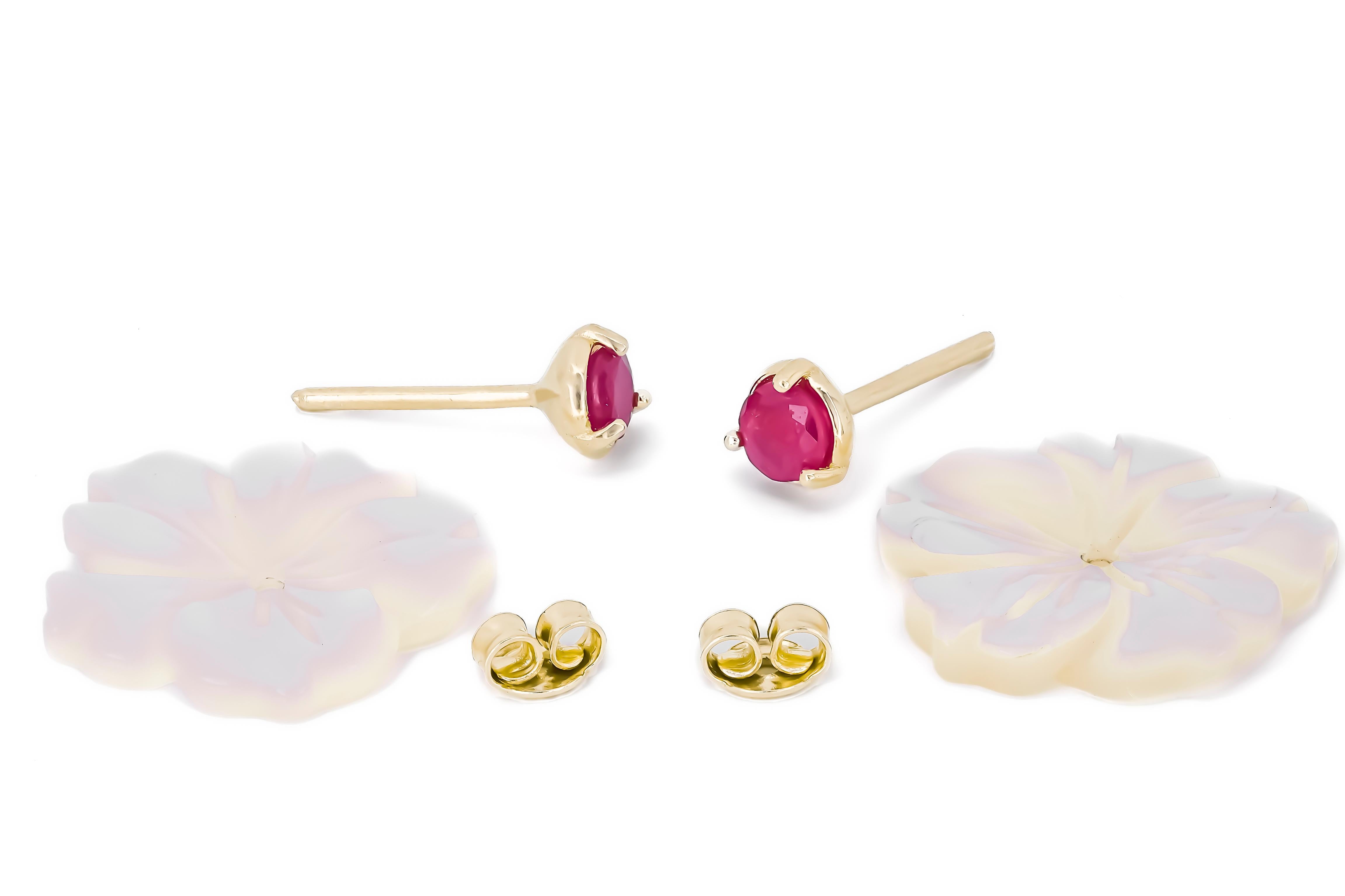 Women's 14 K Gold Earrings with Genuine Rubies, Ruby Stud Earrrings For Sale