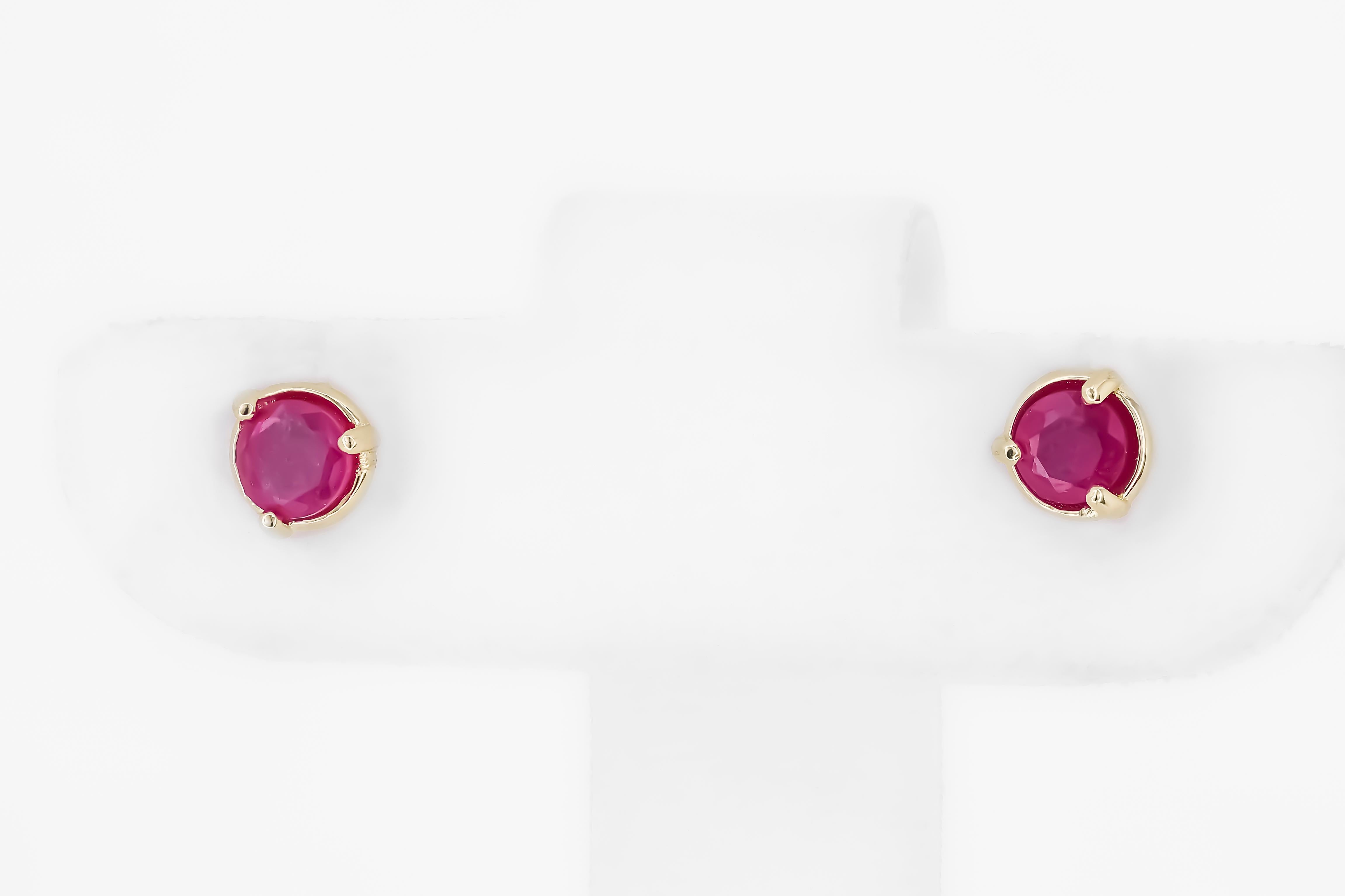 14 K Gold Earrings with Genuine Rubies, Ruby Stud Earrrings For Sale 1