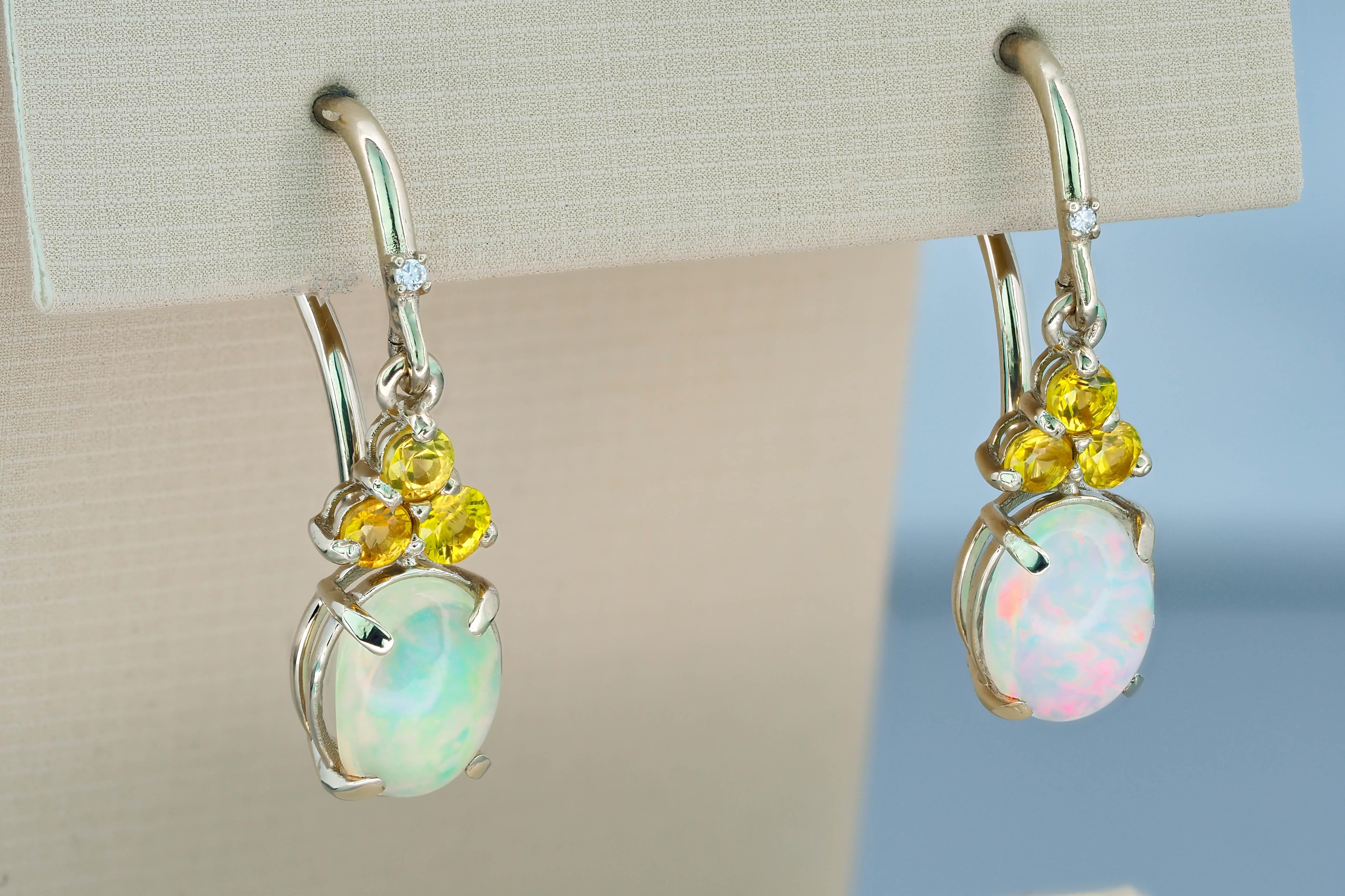 Women's 14 K Gold Earrings with Opals, Diamonds and Sapphires For Sale