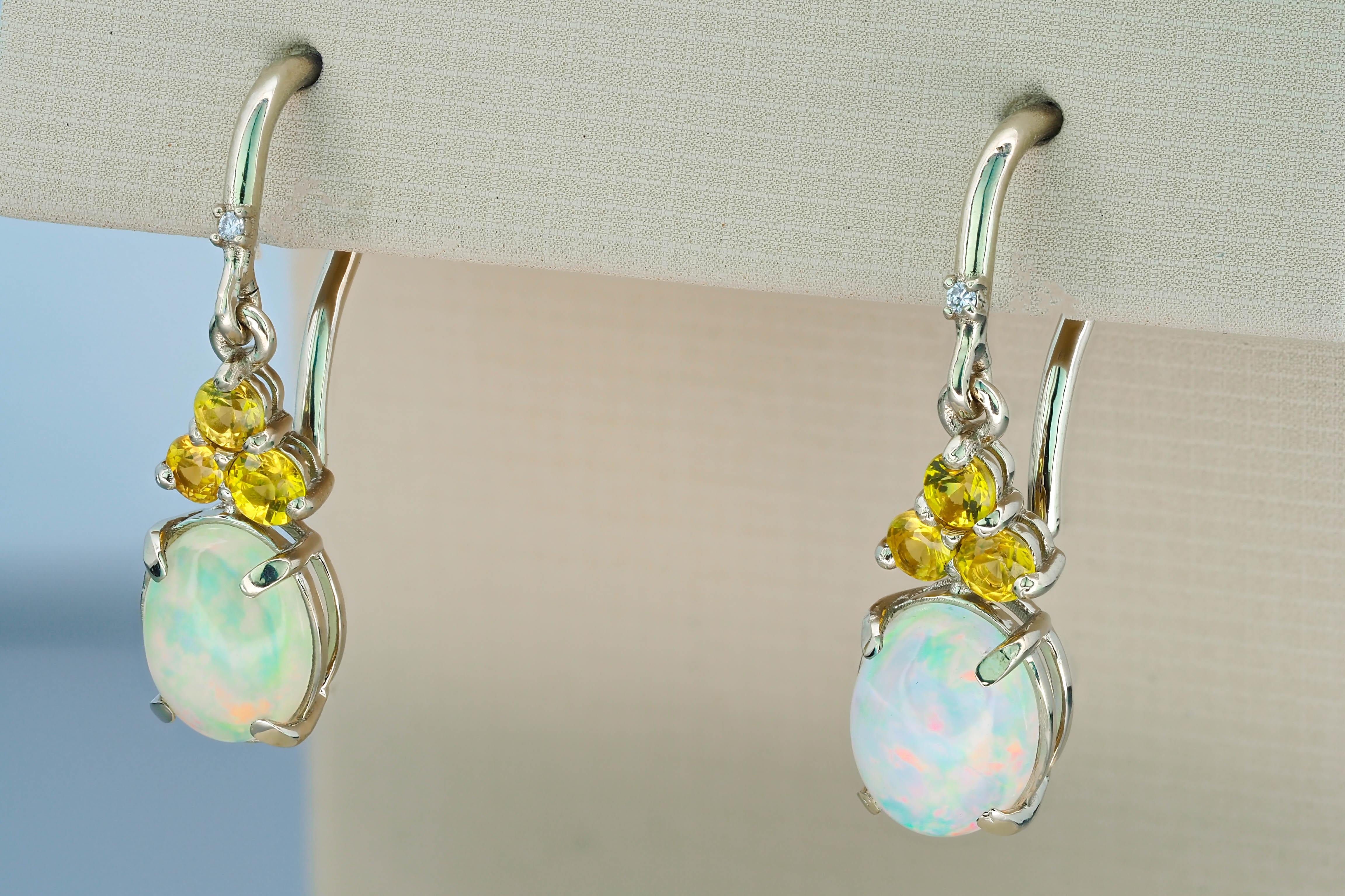 14 K Gold Earrings with Opals, Diamonds and Sapphires For Sale 1