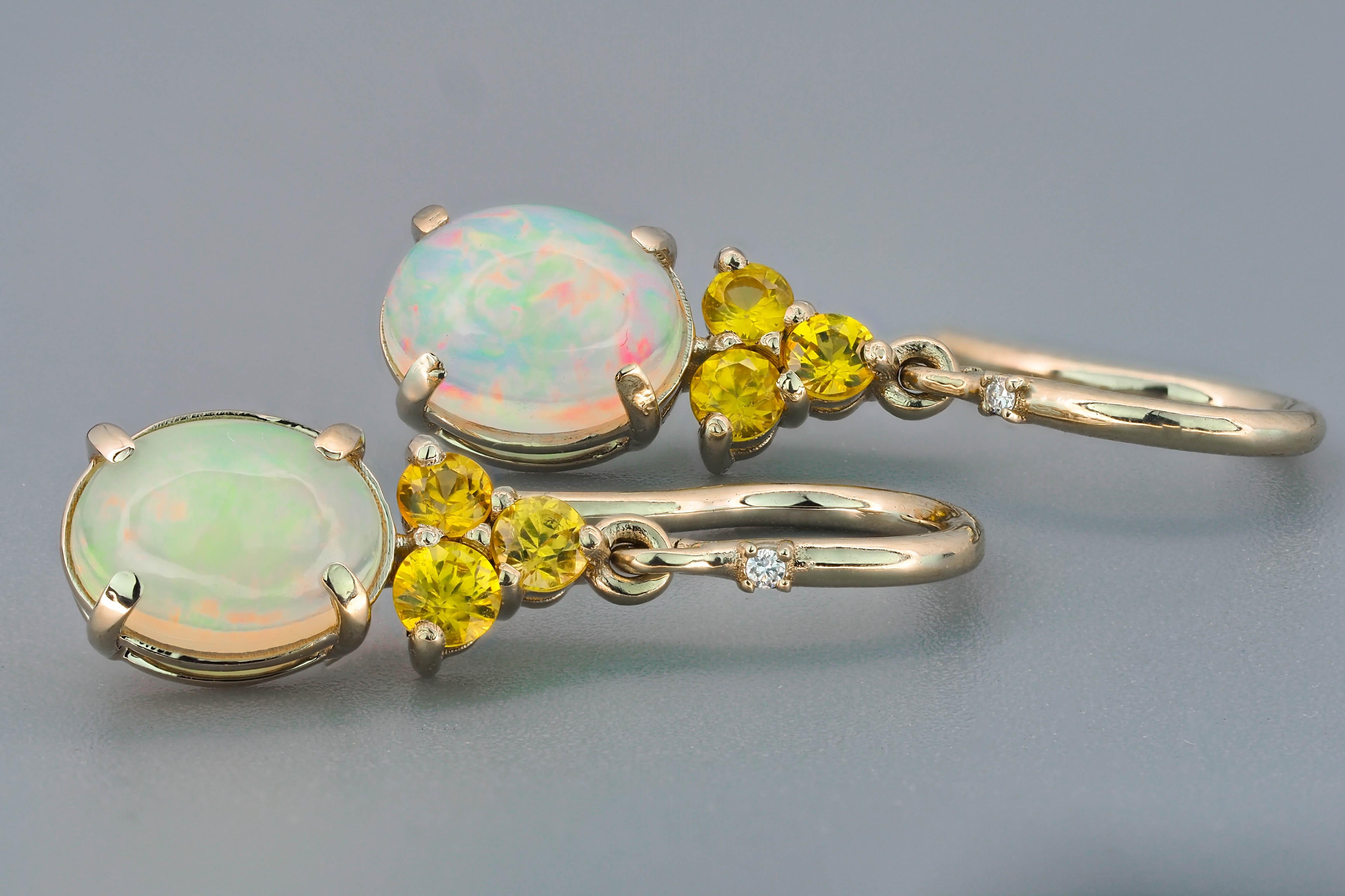 14 K Gold Earrings with Opals, Diamonds and Sapphires For Sale 2