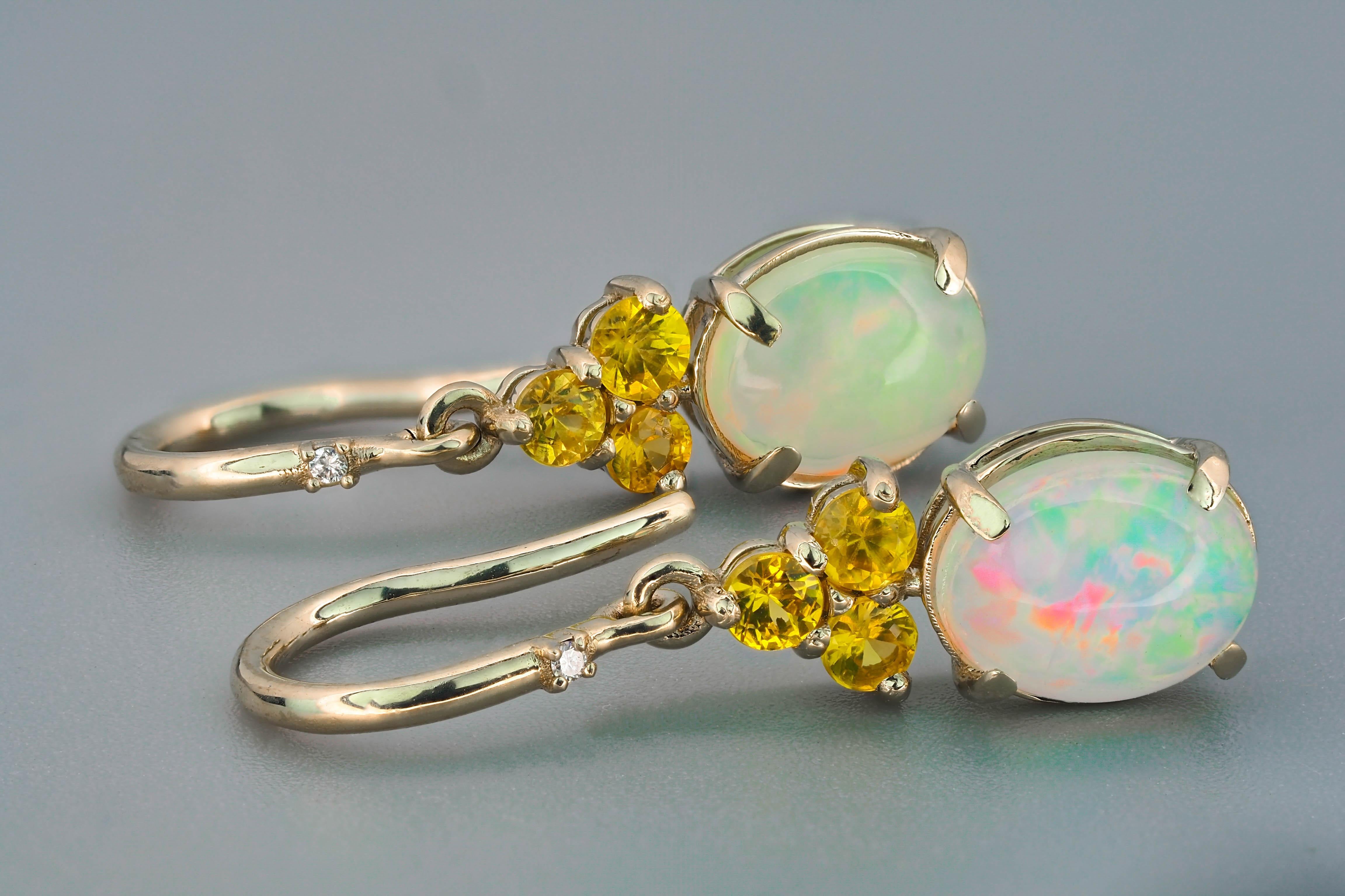14 K Gold Earrings with Opals, Diamonds and Sapphires For Sale 3