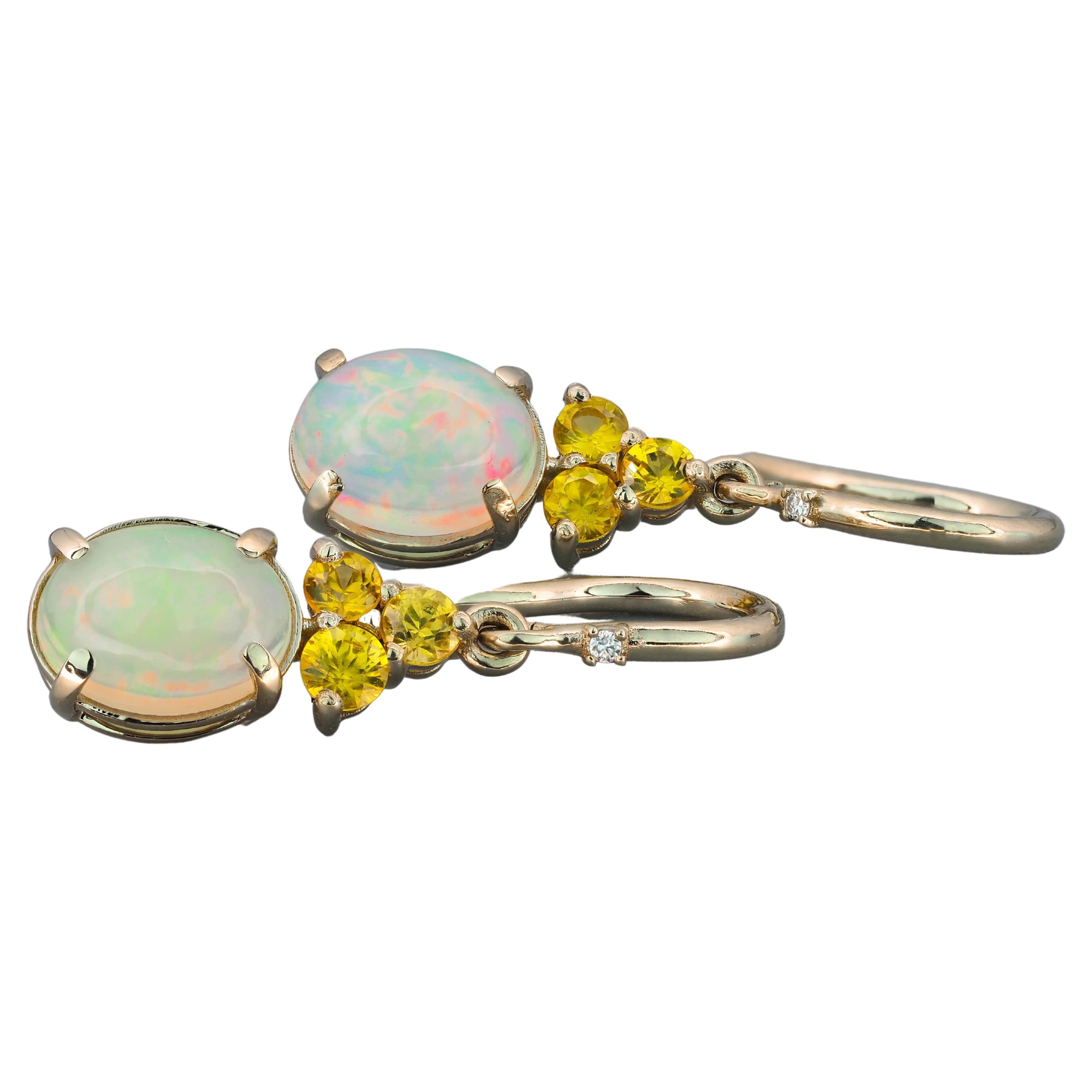 14 K Gold Earrings with Opals, Diamonds and Sapphires For Sale