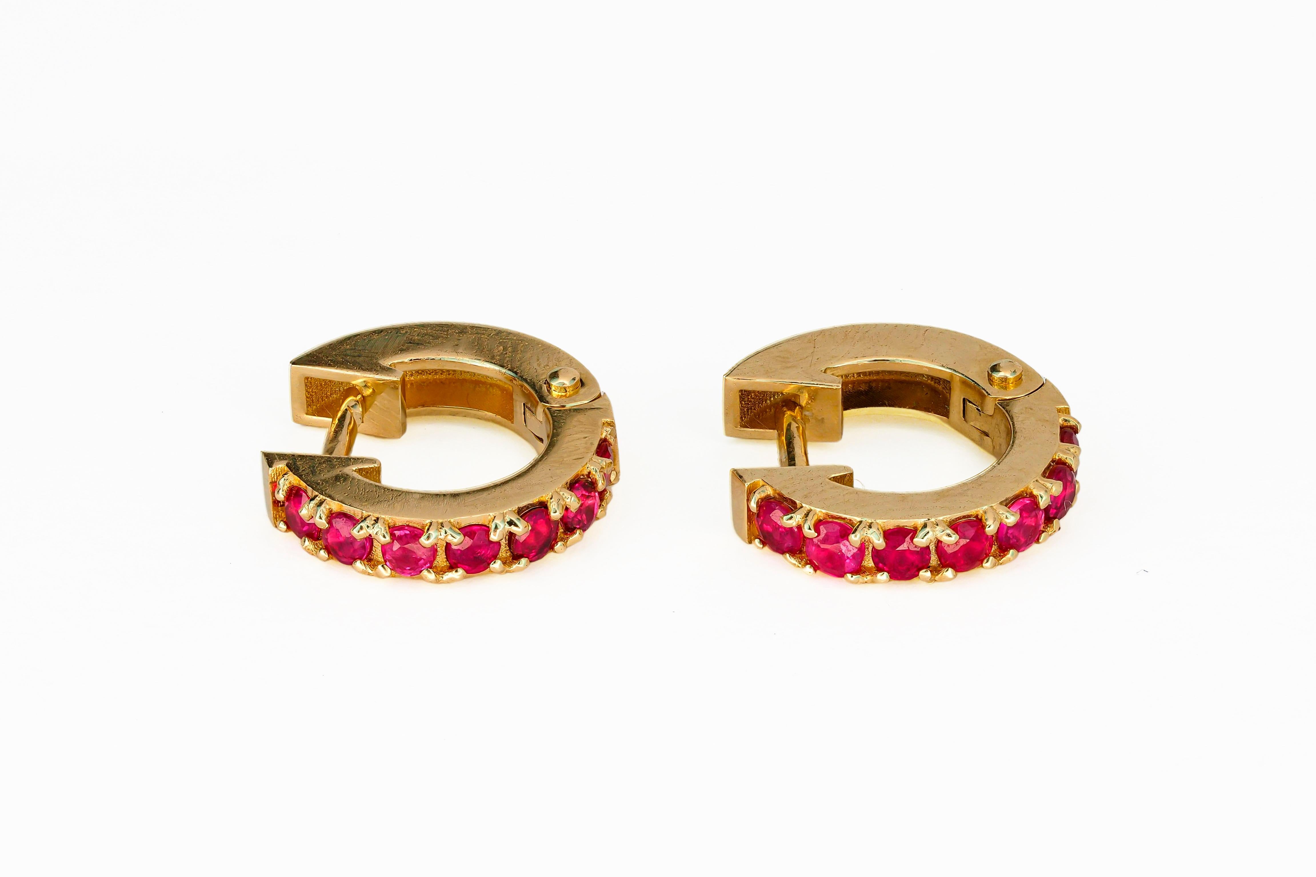 Round Cut Hoop Earrings with Rubies. Ruby earrings in 14 karat gold.