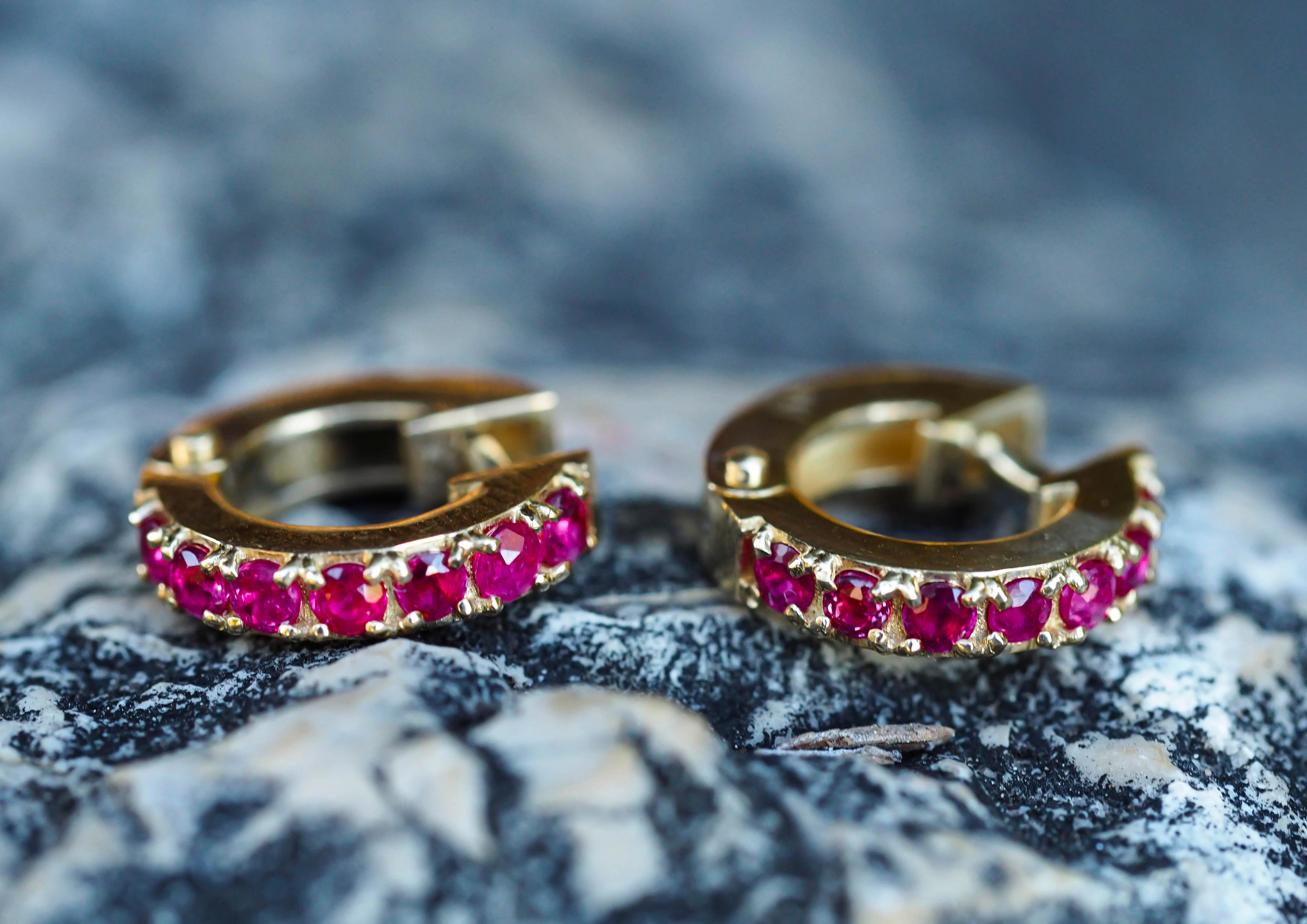 Hoop Earrings with Rubies. Ruby earrings in 14 karat gold. In New Condition In Istanbul, TR