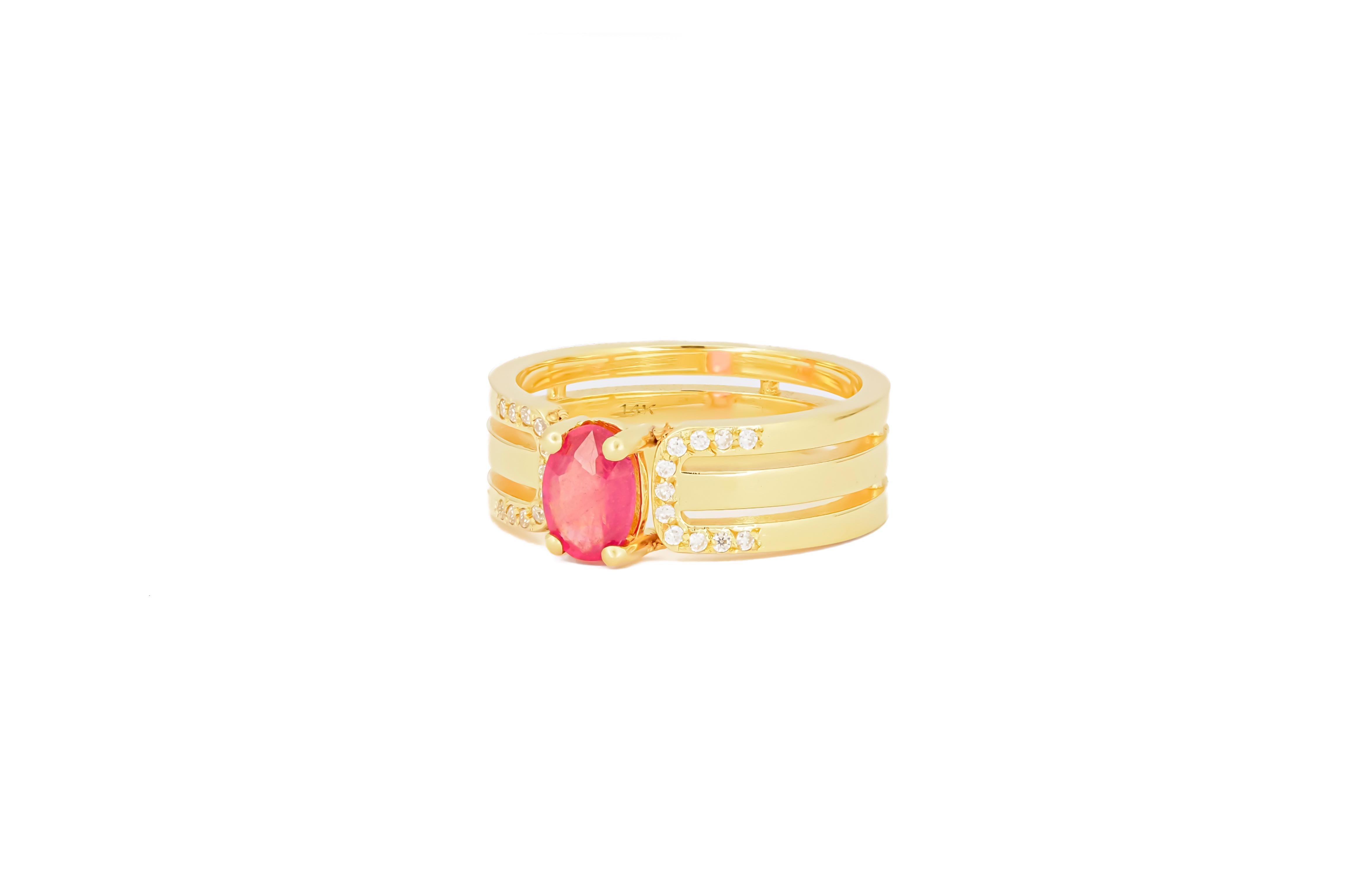 Modern 14 K Gold Mens Ring with Ruby.  For Sale