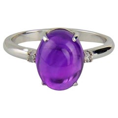 14 K Gold Minimalism Style Ring with Natural Amethyst Cabochon and Diamonds