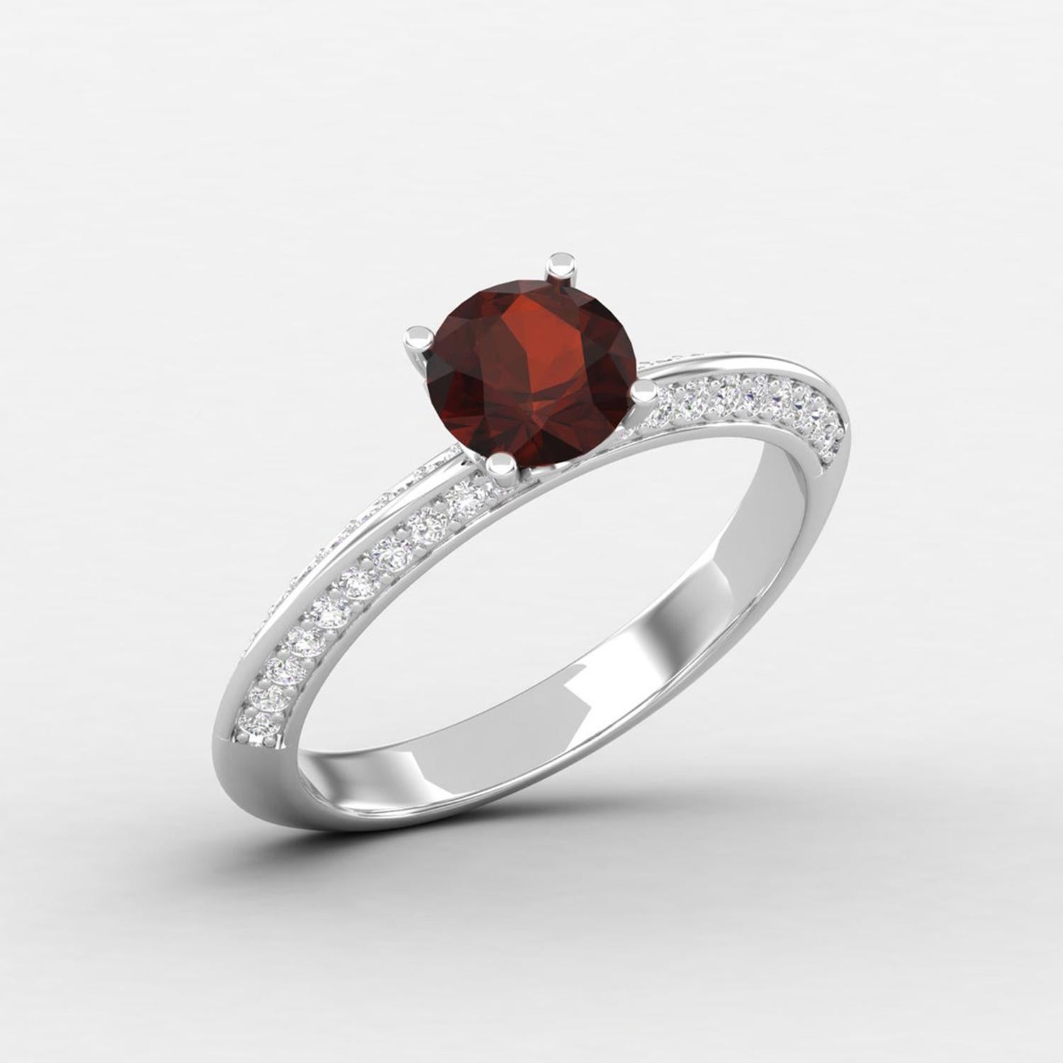 Round Cut 14 K Gold Orange Garnet Ring / Diamond Solitaire Ring / Engagement Ring for Her For Sale