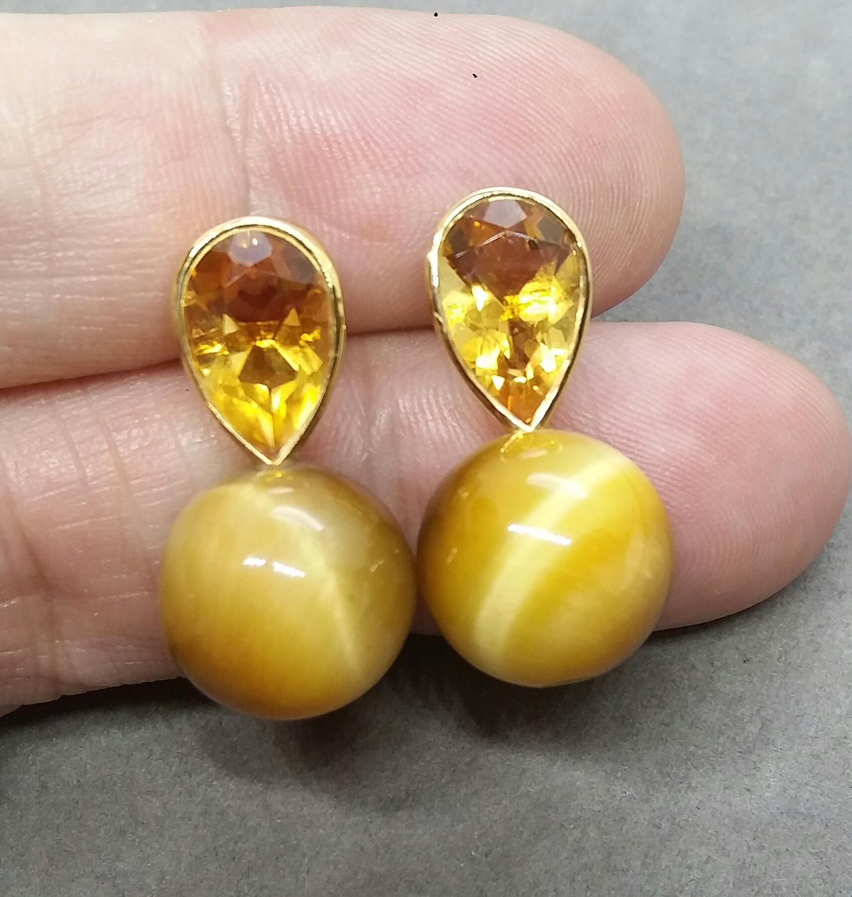 14 K Gold Pear Shape Faceted Citrine Golden Tiger Eye Round Beads Stud Earrings For Sale 4