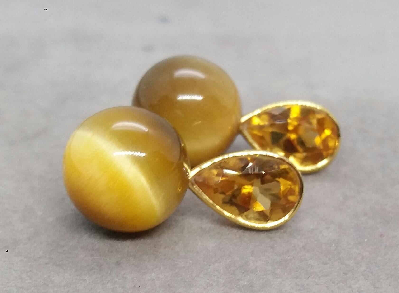 14 K Gold Pear Shape Faceted Citrine Golden Tiger Eye Round Beads Stud Earrings For Sale 5