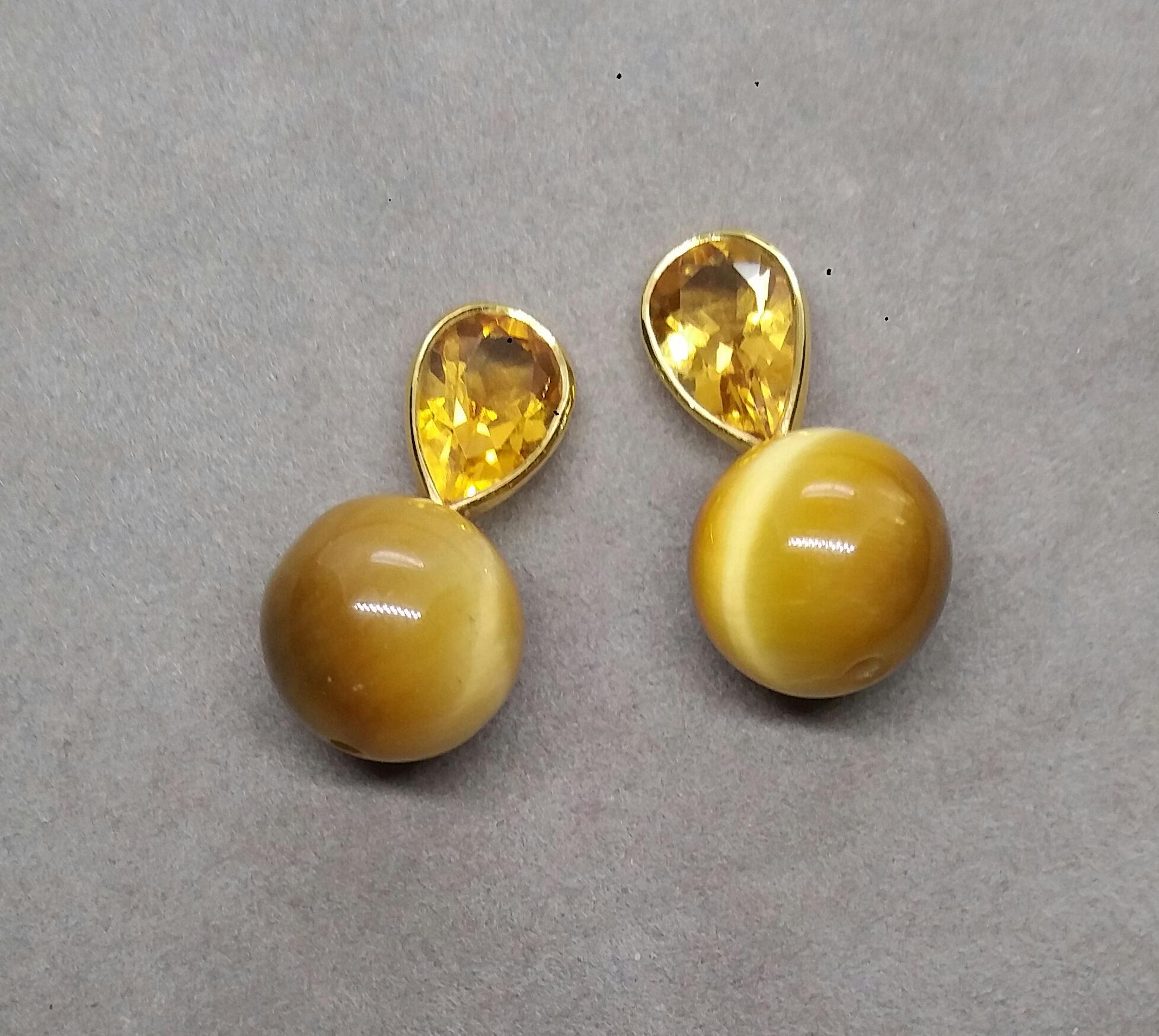 14 K Gold Pear Shape Faceted Citrine Golden Tiger Eye Round Beads Stud Earrings For Sale 6
