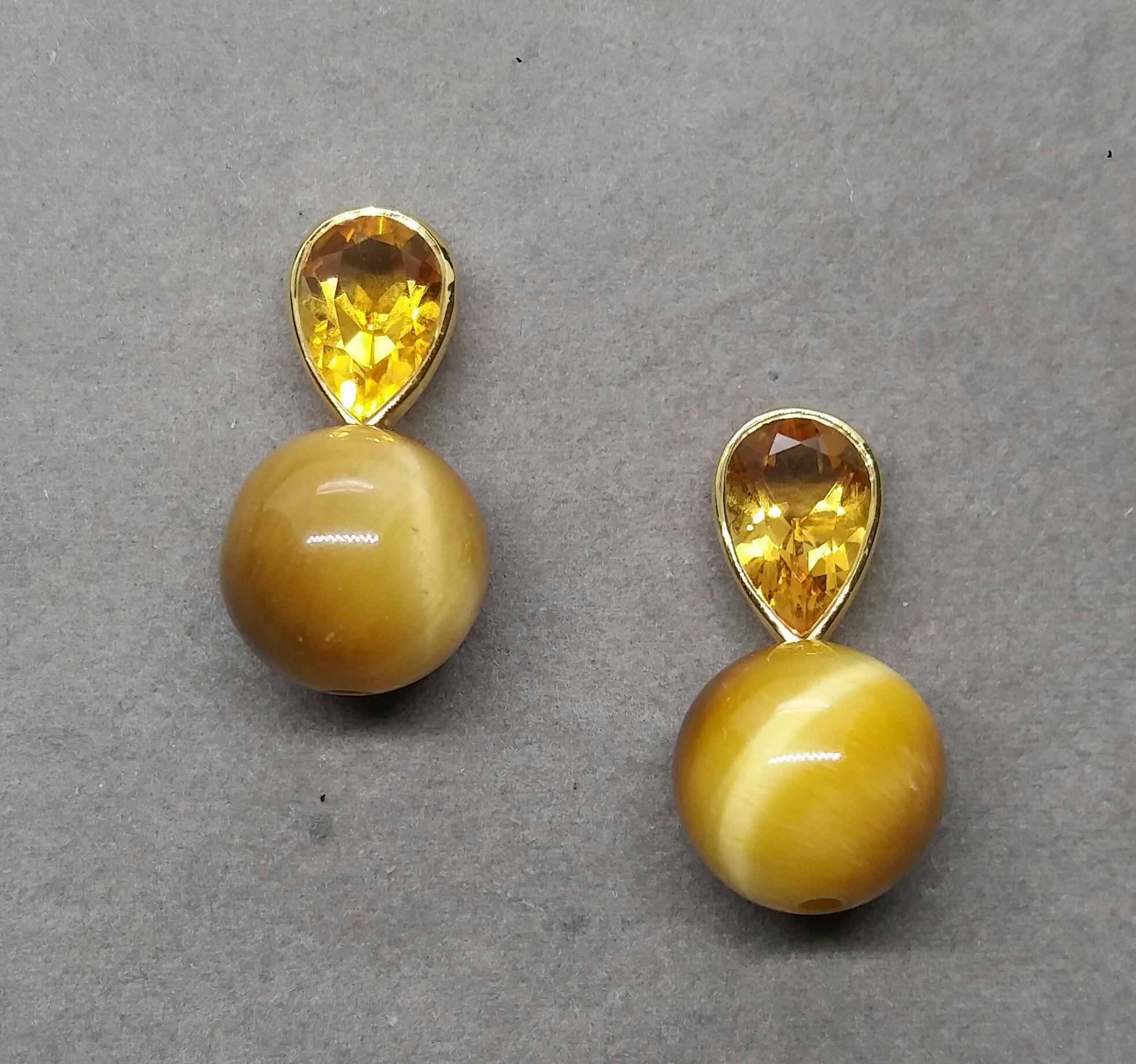 14 K Gold Pear Shape Faceted Citrine Golden Tiger Eye Round Beads Stud Earrings For Sale 7