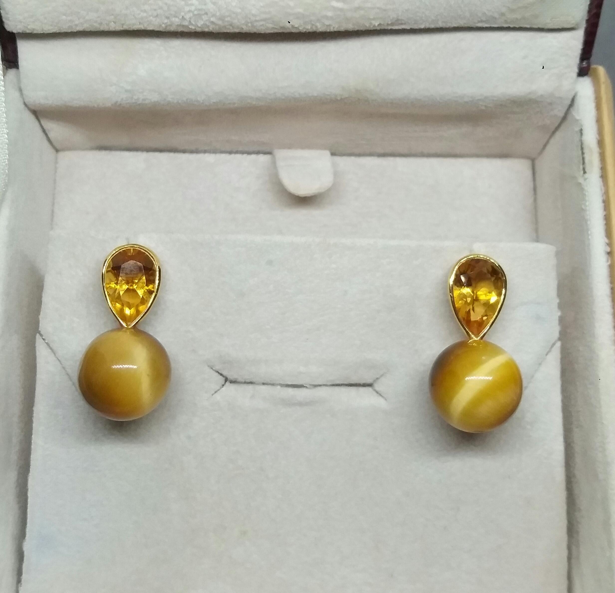 Contemporary 14 K Gold Pear Shape Faceted Citrine Golden Tiger Eye Round Beads Stud Earrings For Sale