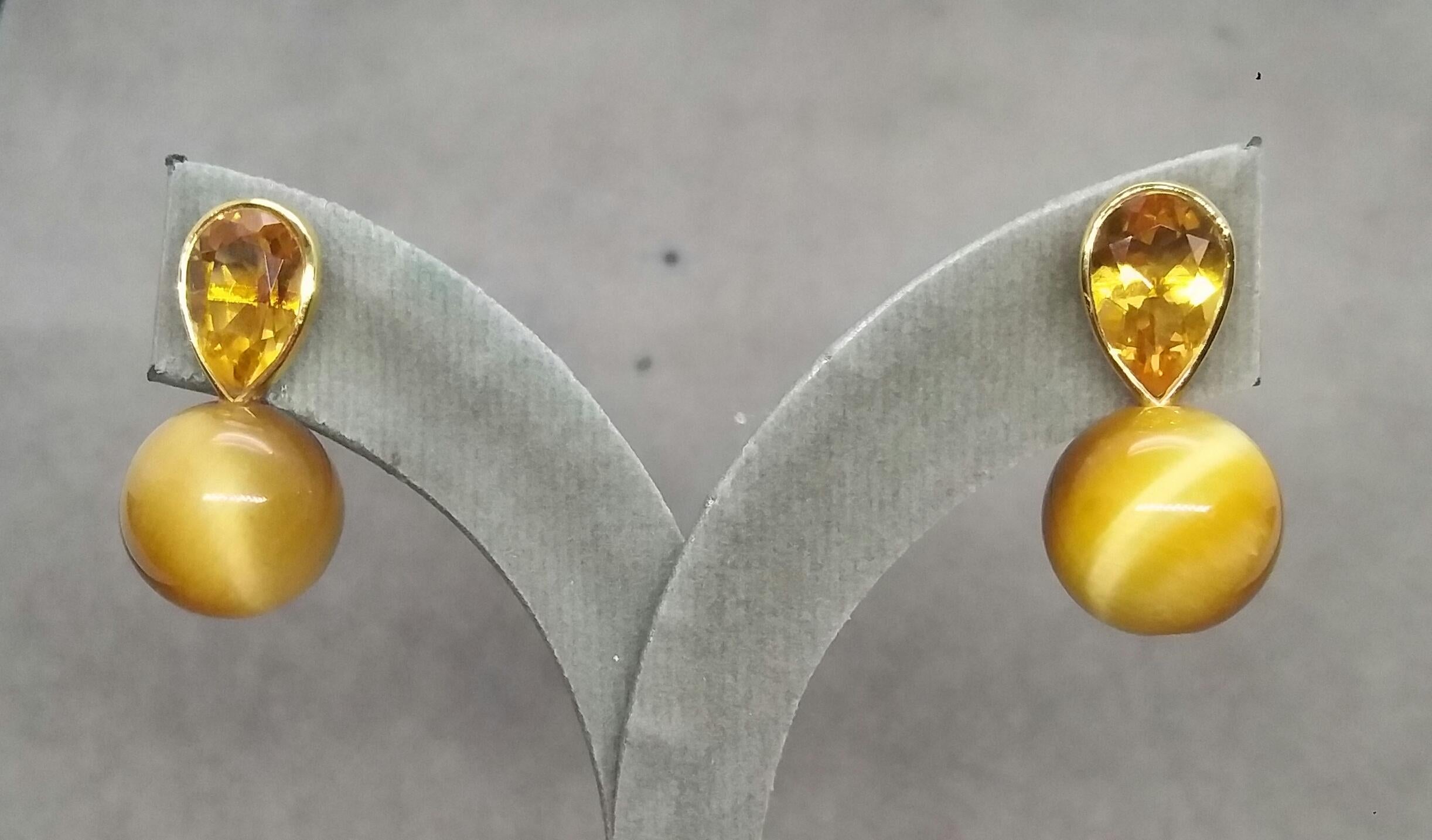 Pear Cut 14 K Gold Pear Shape Faceted Citrine Golden Tiger Eye Round Beads Stud Earrings For Sale