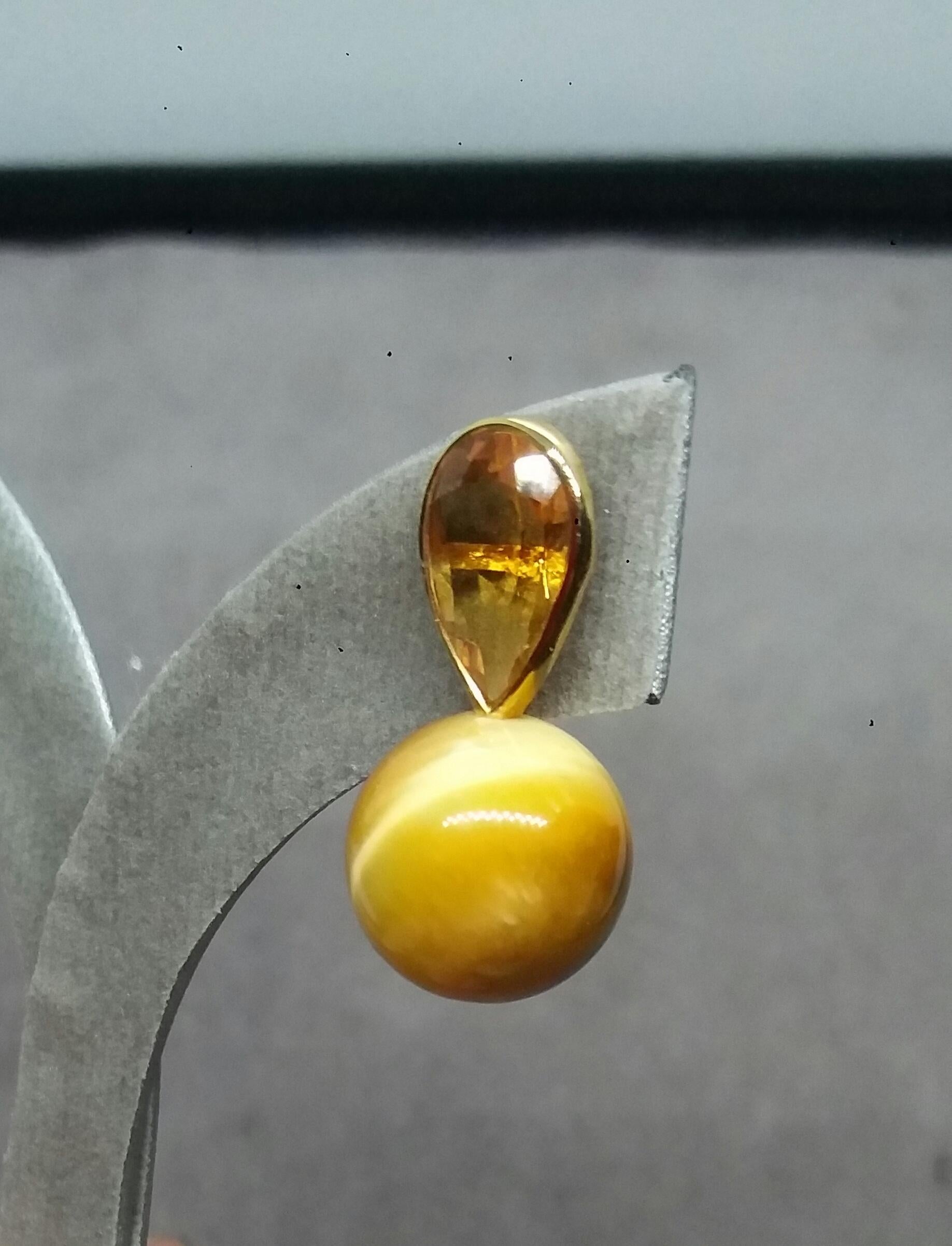 14 K Gold Pear Shape Faceted Citrine Golden Tiger Eye Round Beads Stud Earrings In Good Condition For Sale In Bangkok, TH