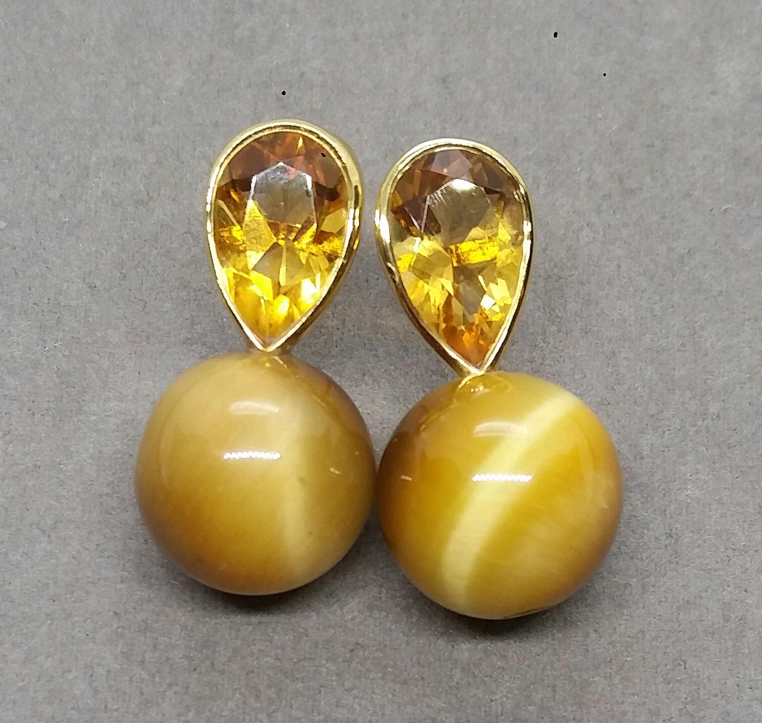 14 K Gold Pear Shape Faceted Citrine Golden Tiger Eye Round Beads Stud Earrings For Sale 3