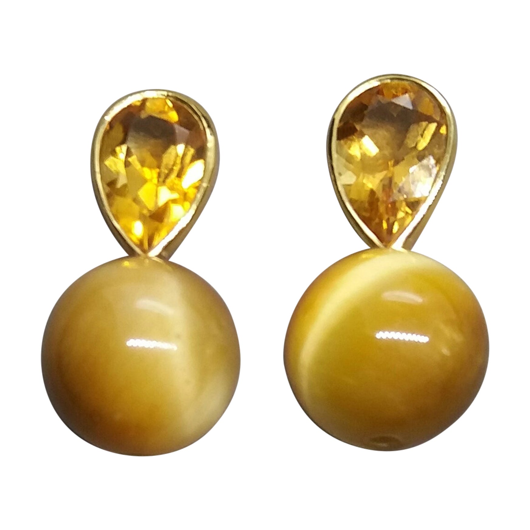 14 K Gold Pear Shape Faceted Citrine Golden Tiger Eye Round Beads Stud Earrings For Sale