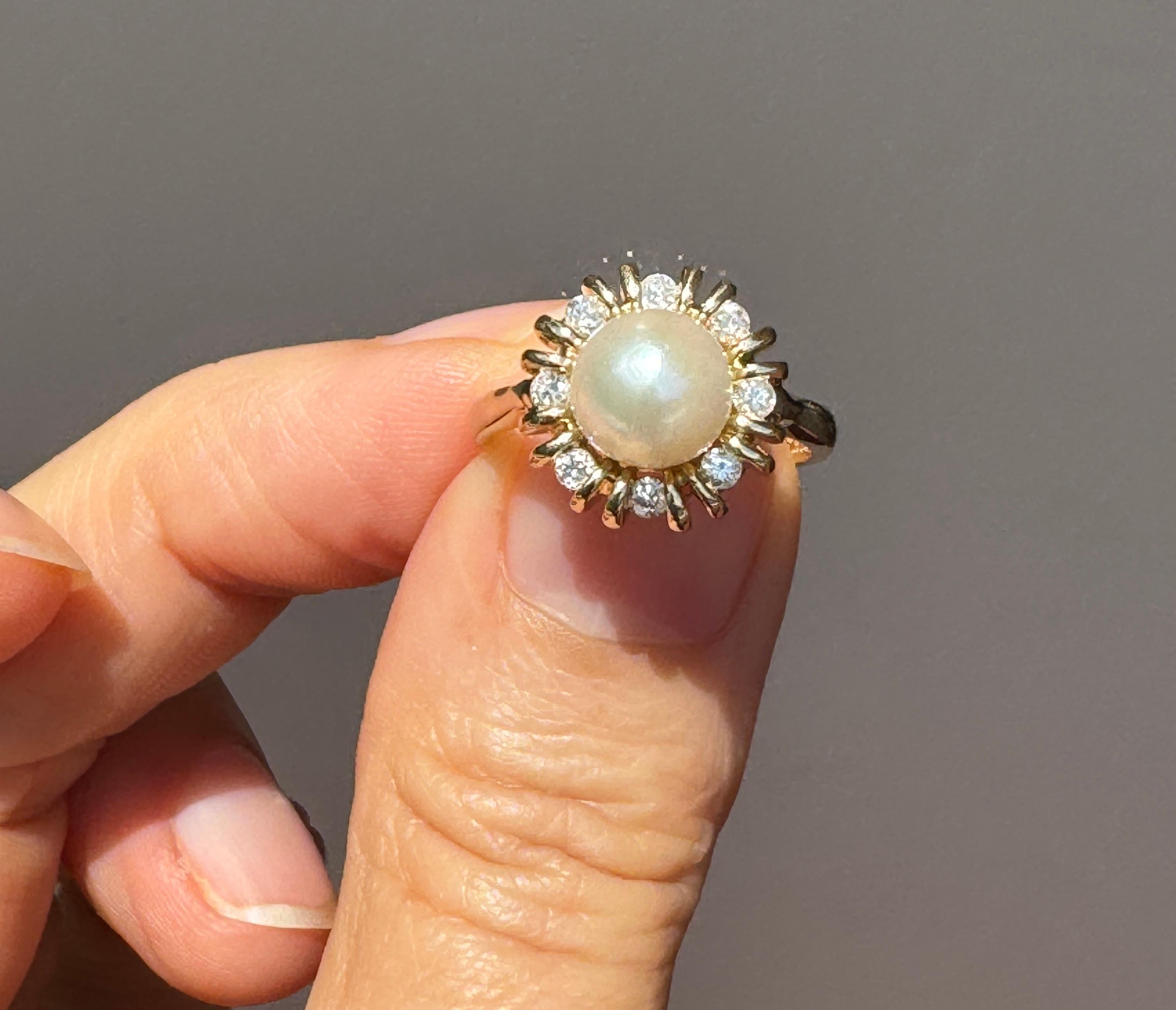 Round Cut 14 K Gold Pearl Diamond Ring For Sale