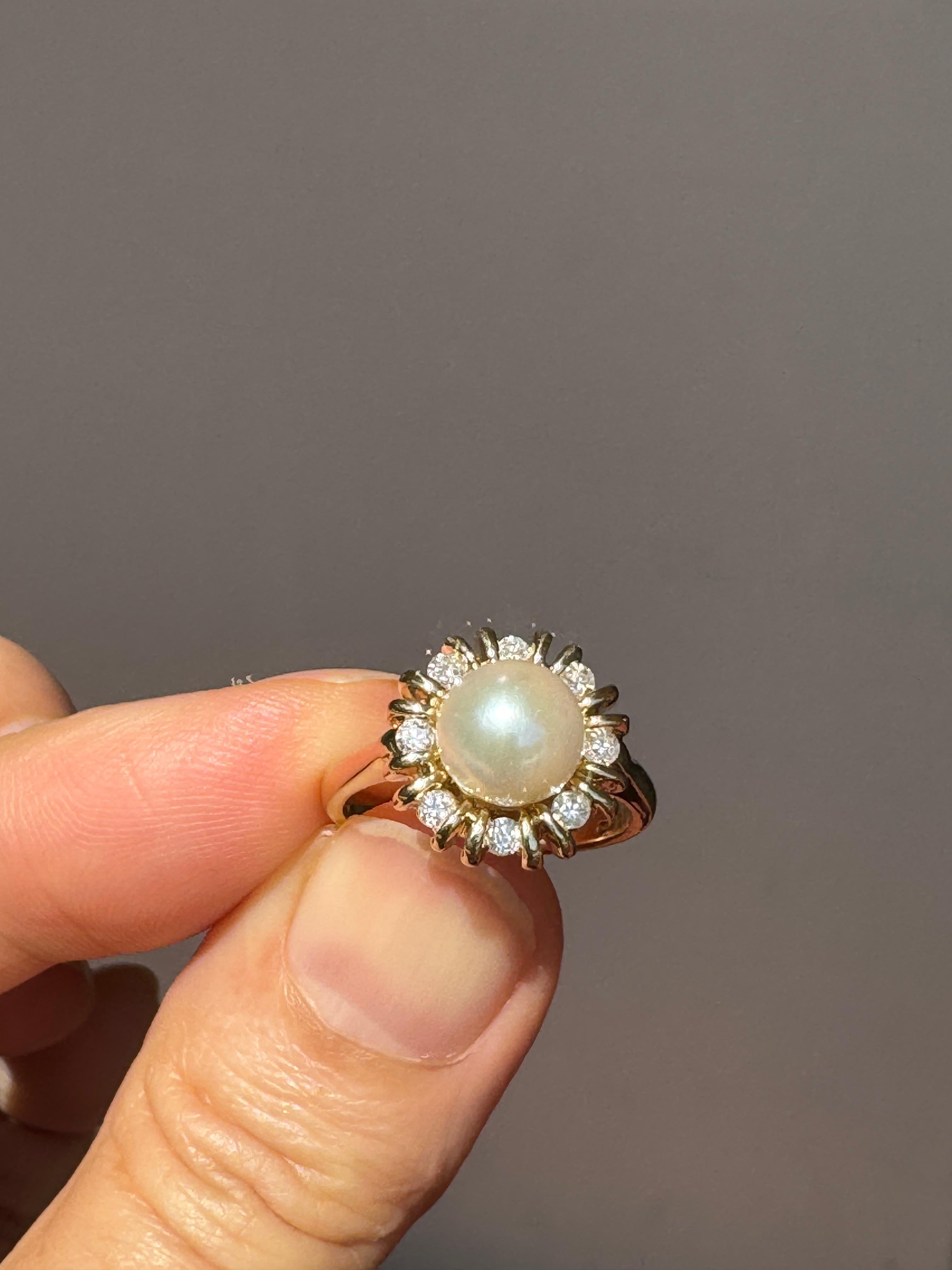 Women's 14 K Gold Pearl Diamond Ring For Sale