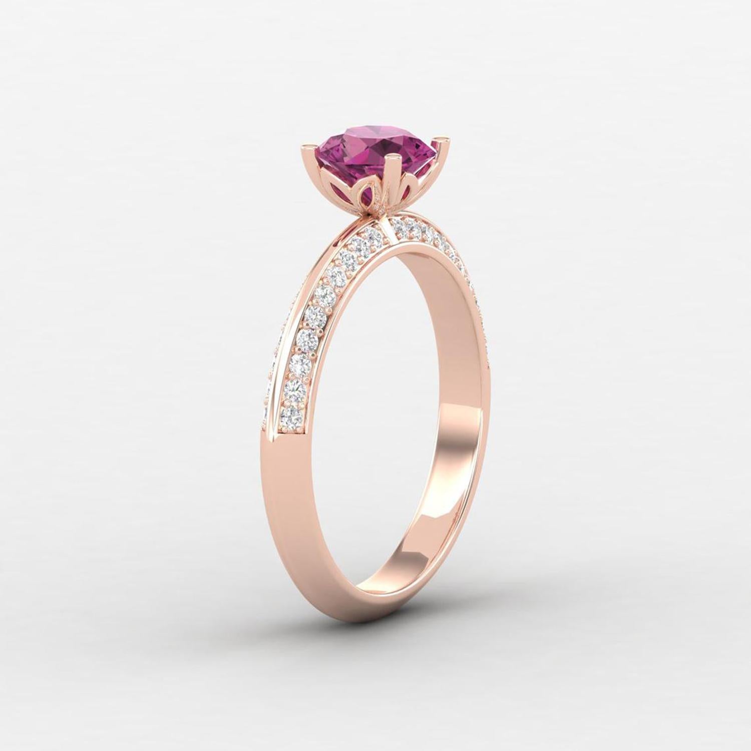 Round Cut 14 K Gold Pink Rubellite Tourmaline Ring / Diamond Solitaire Ring / Ring for Her For Sale