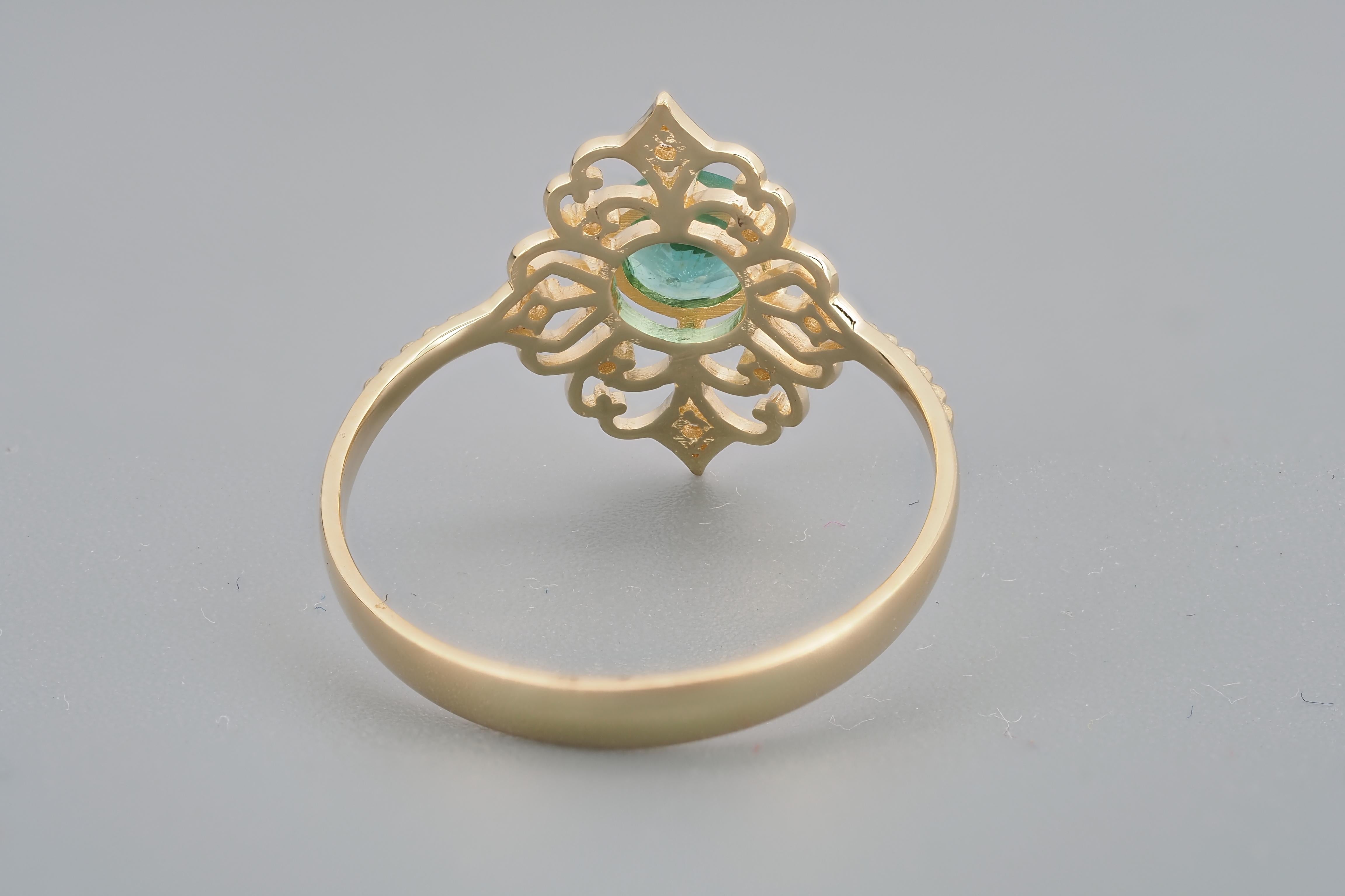 For Sale:  14 K Gold Ring with Emerald and Diamonds 9