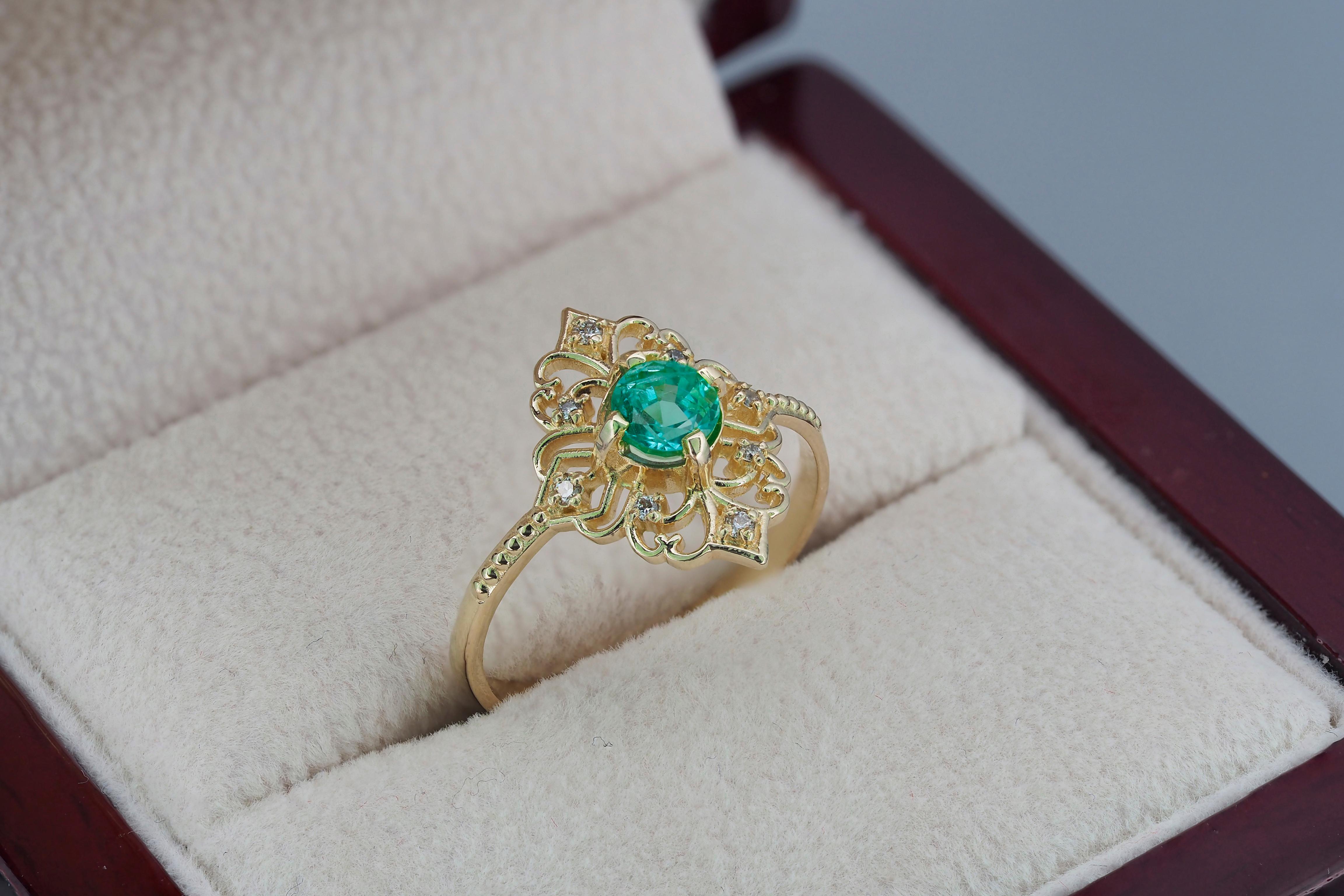 For Sale:  14 K Gold Ring with Emerald and Diamonds 4