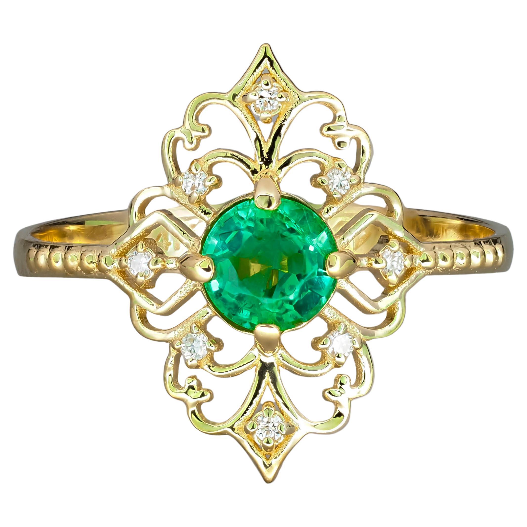 Customizable 14 K Gold Ring with Marquise Cut Emerald and Diamonds For
