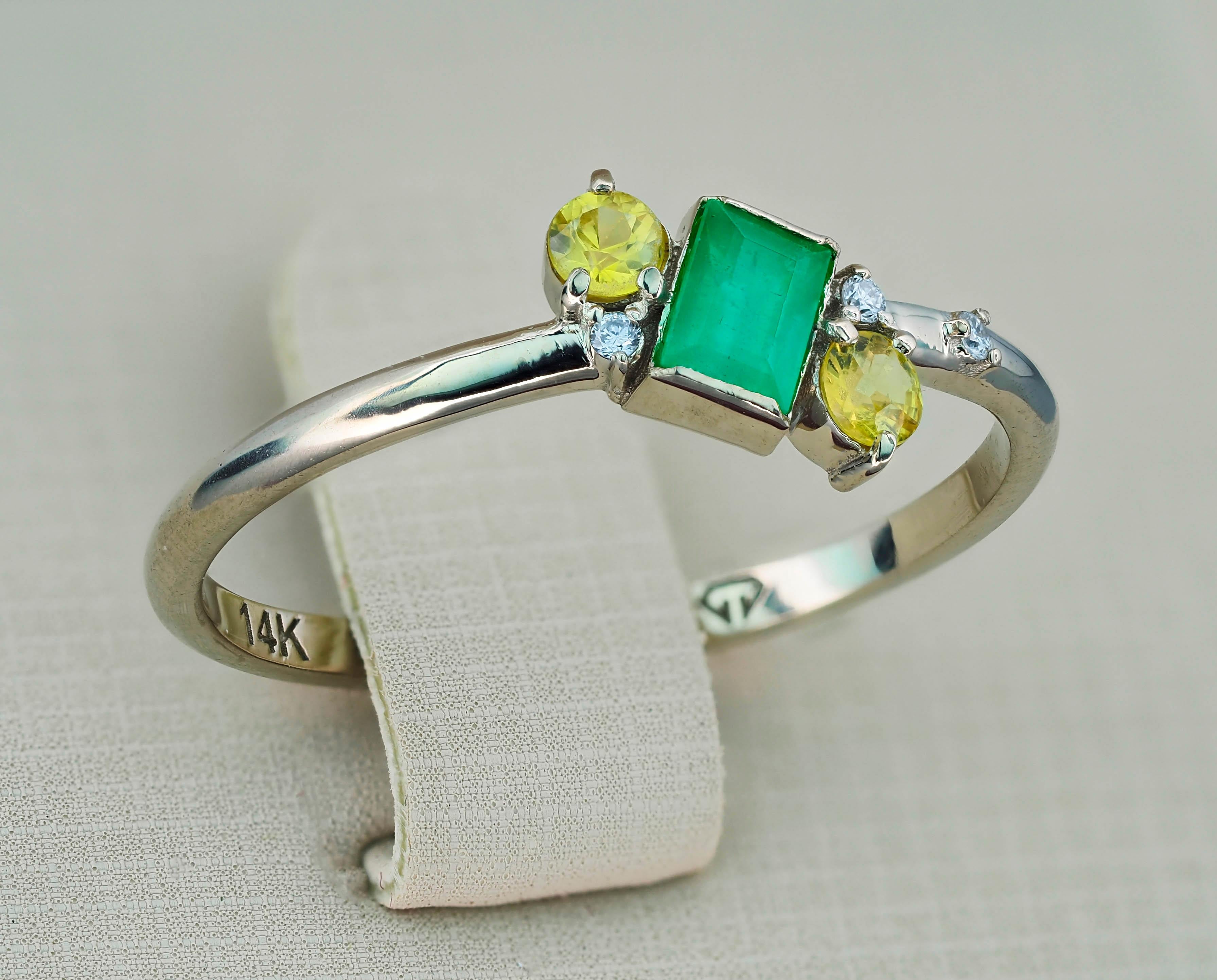 For Sale:  14 K Gold Ring with Emerald, Diamonds and Sapphires 6