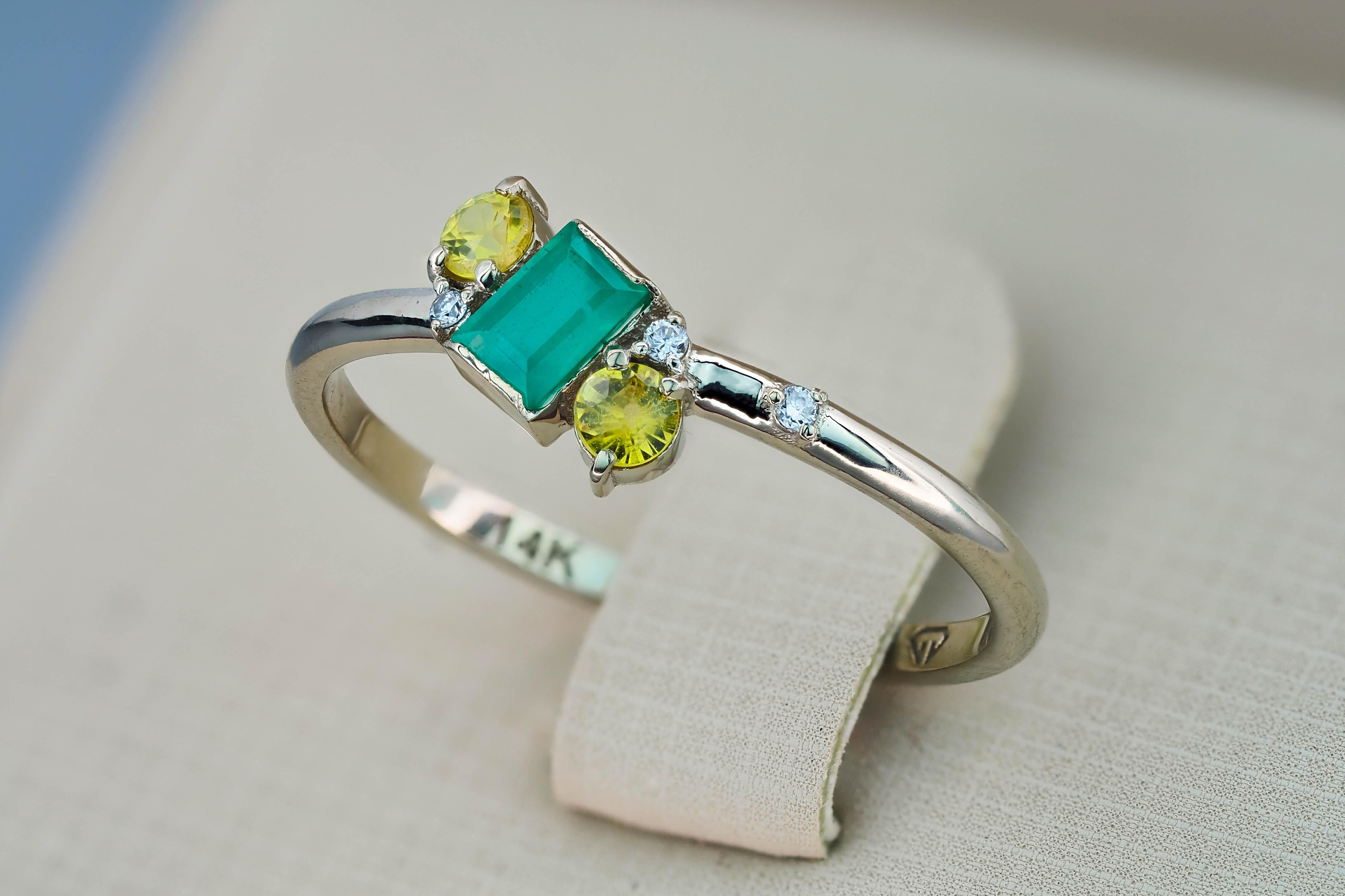 For Sale:  14 K Gold Ring with Emerald, Diamonds and Sapphires 8