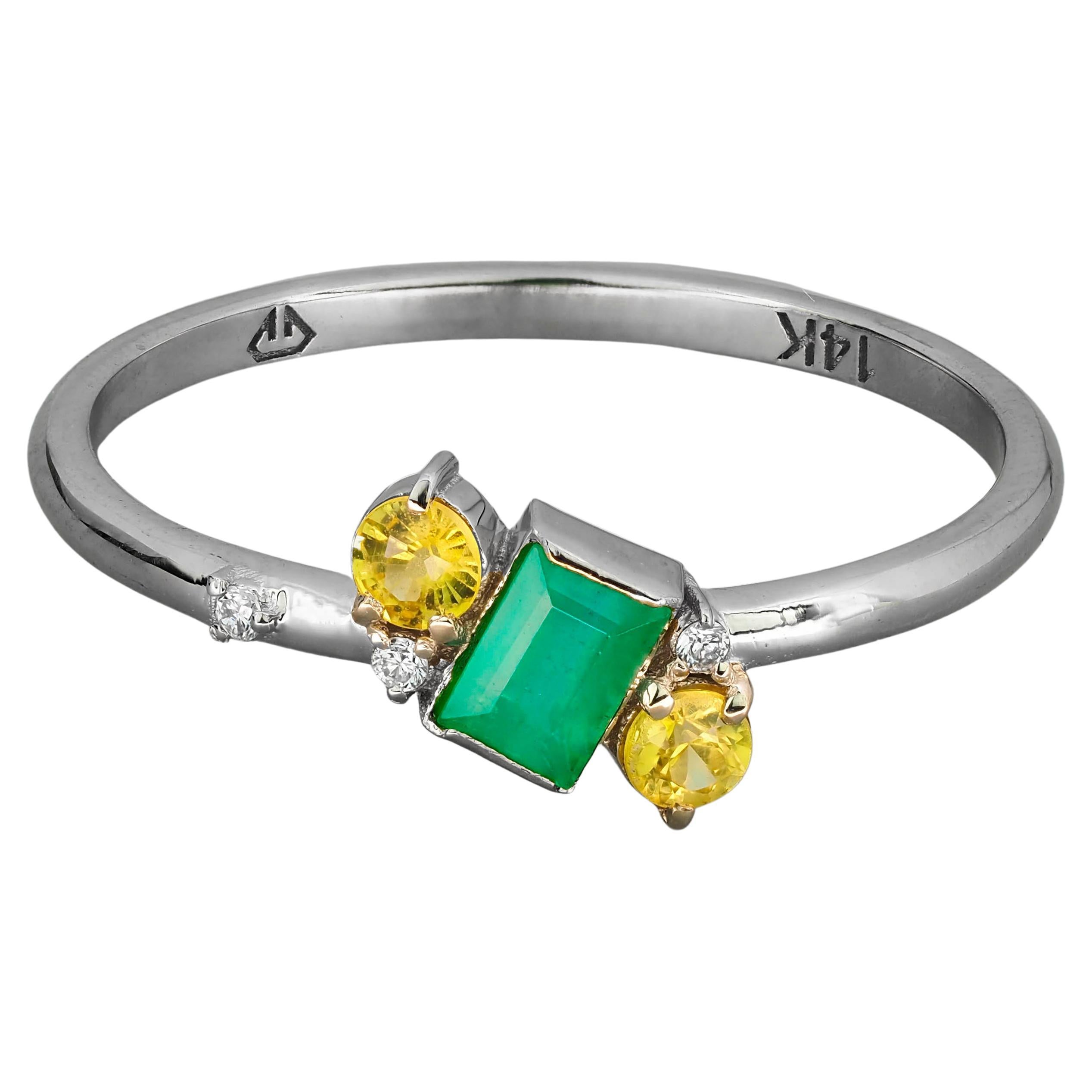14 K Gold Ring mit Smaragd, Diamanten und Saphiren
