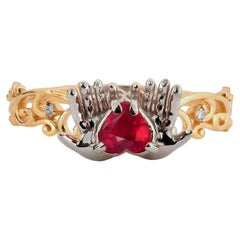14 K Gold Ring with Heart Ruby and Diamonds Heart in Hands Design Ring