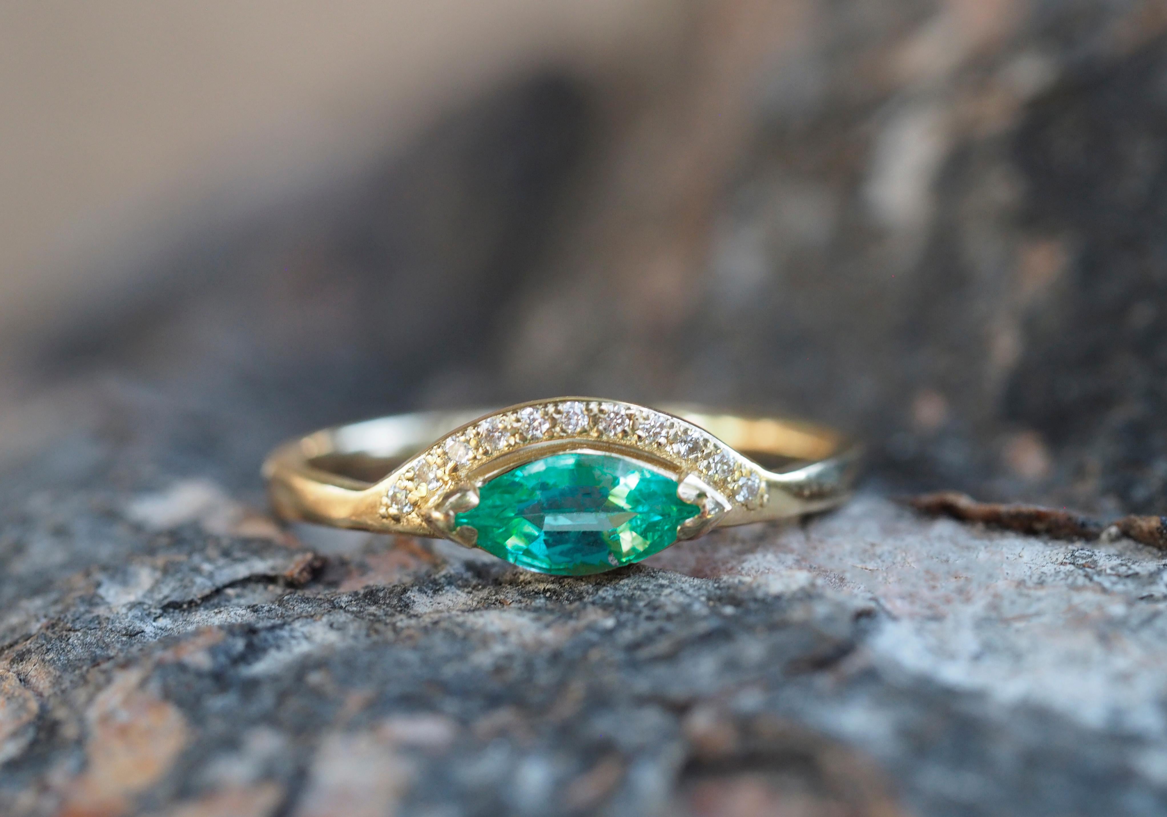 For Sale:  14 K Gold Ring with Marquise Cut Emerald and Diamonds 11