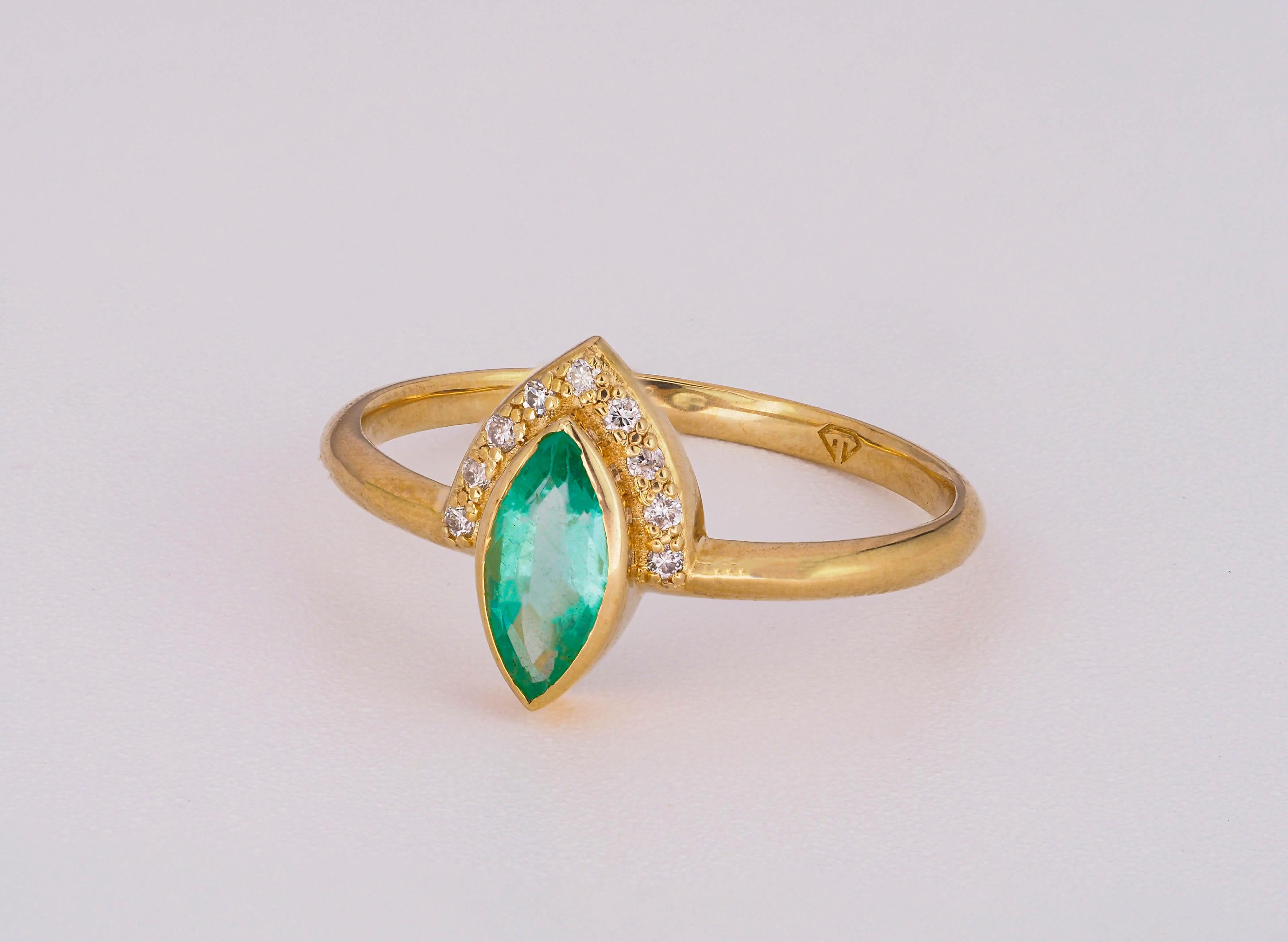 For Sale:  14 K Gold Ring with Marquise Cut Emerald and Diamonds 16