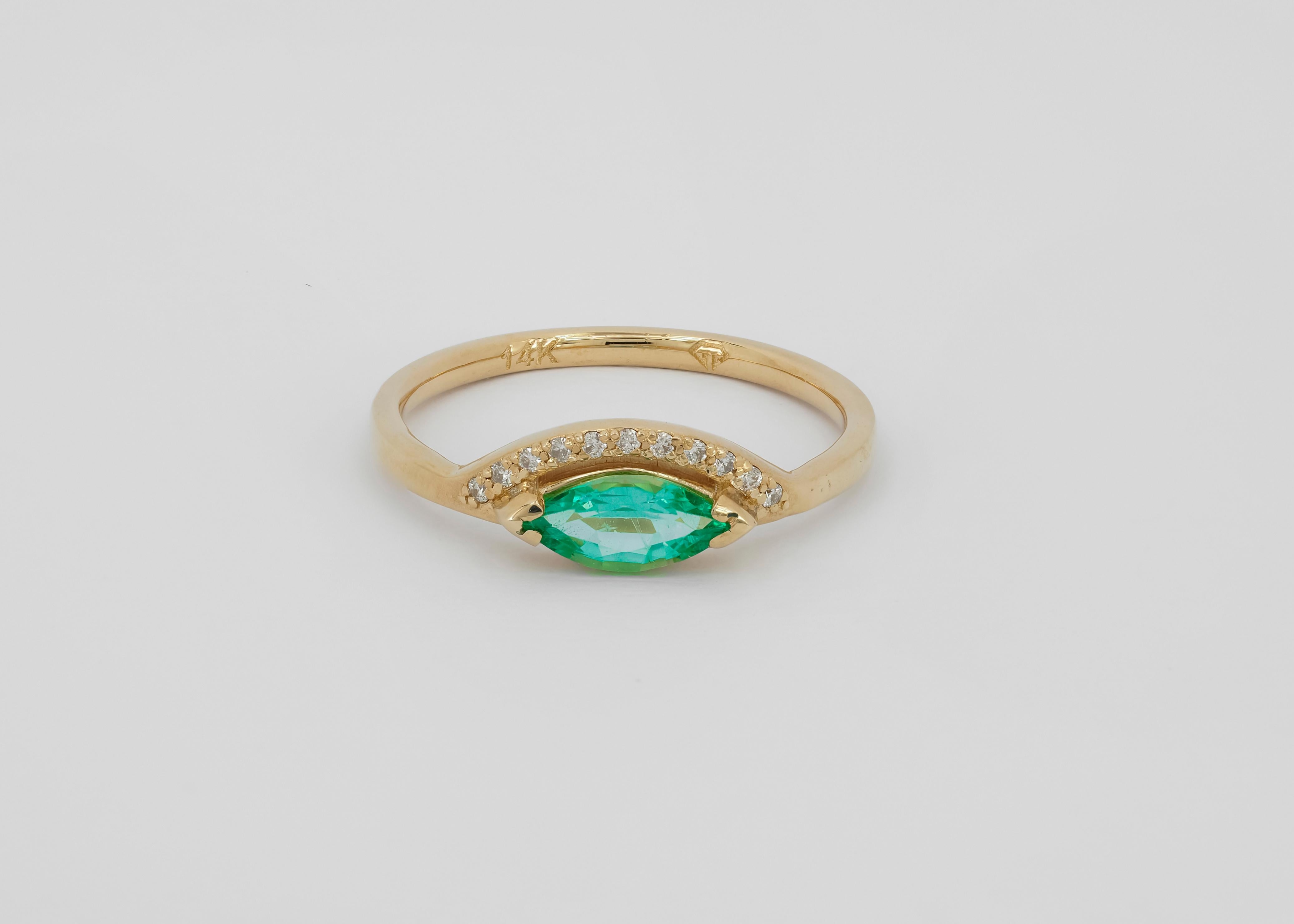 For Sale:  14 K Gold Ring with Marquise Cut Emerald and Diamonds 2
