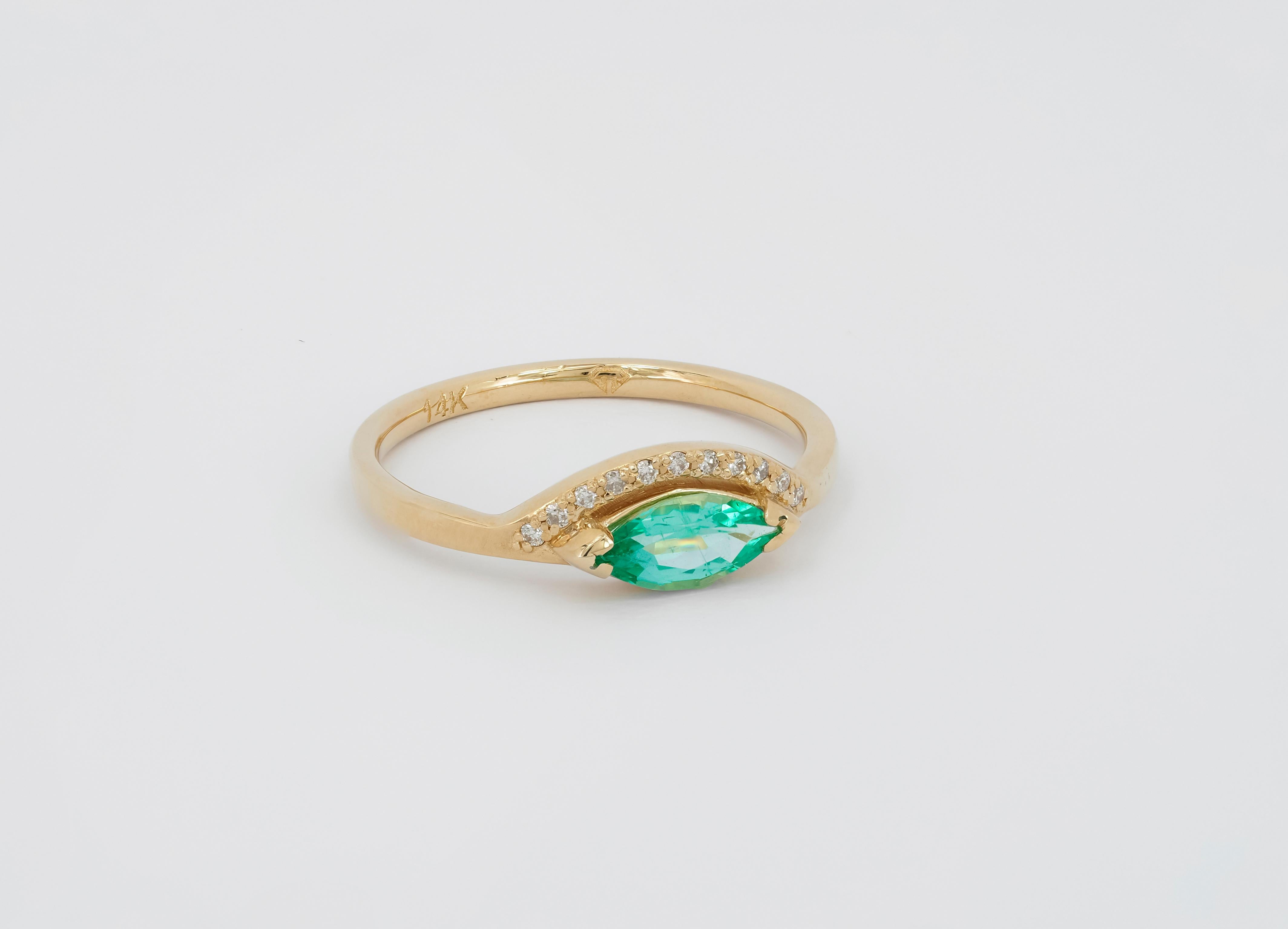 For Sale:  14 K Gold Ring with Marquise Cut Emerald and Diamonds 3
