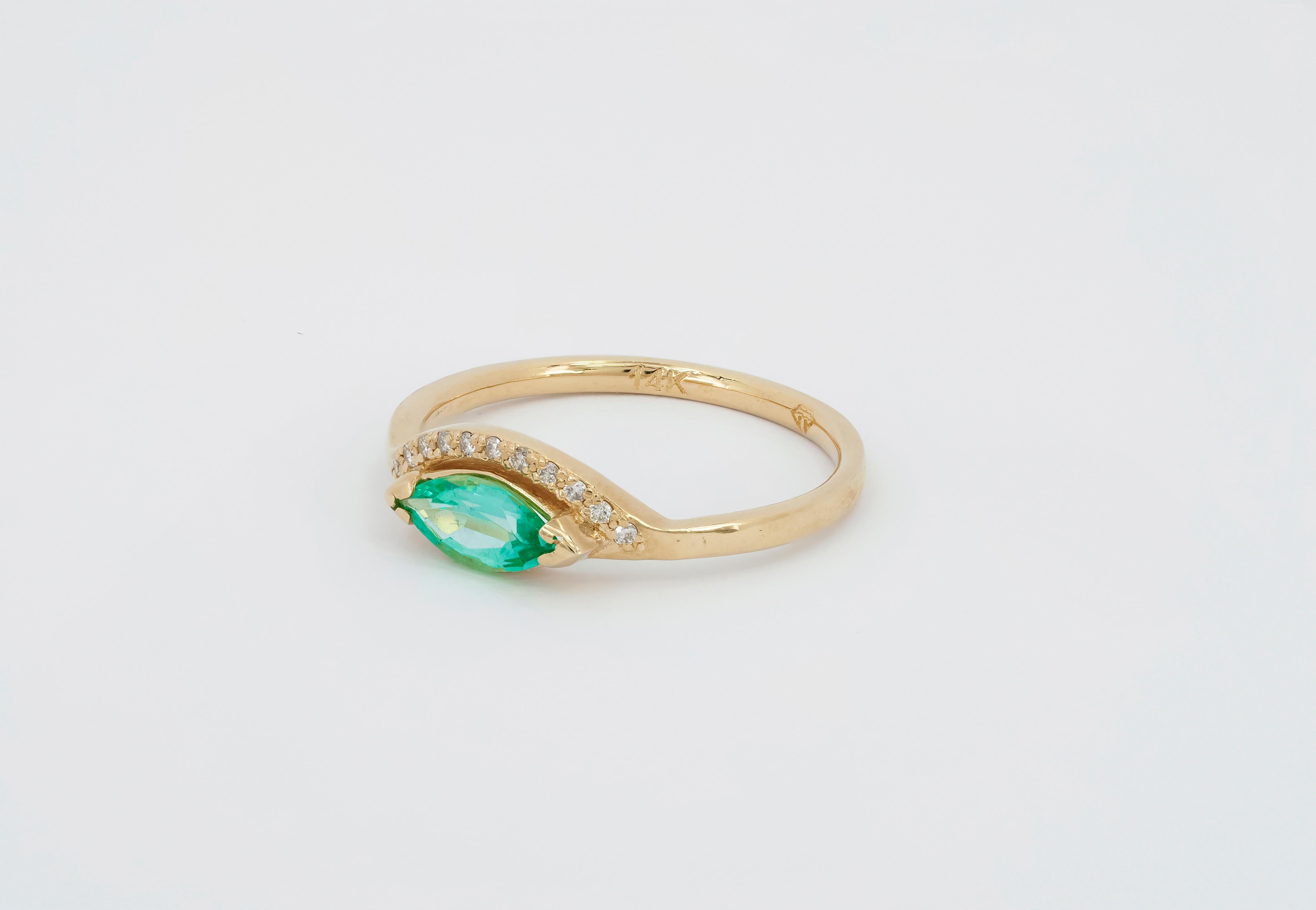 For Sale:  14 K Gold Ring with Marquise Cut Emerald and Diamonds 4