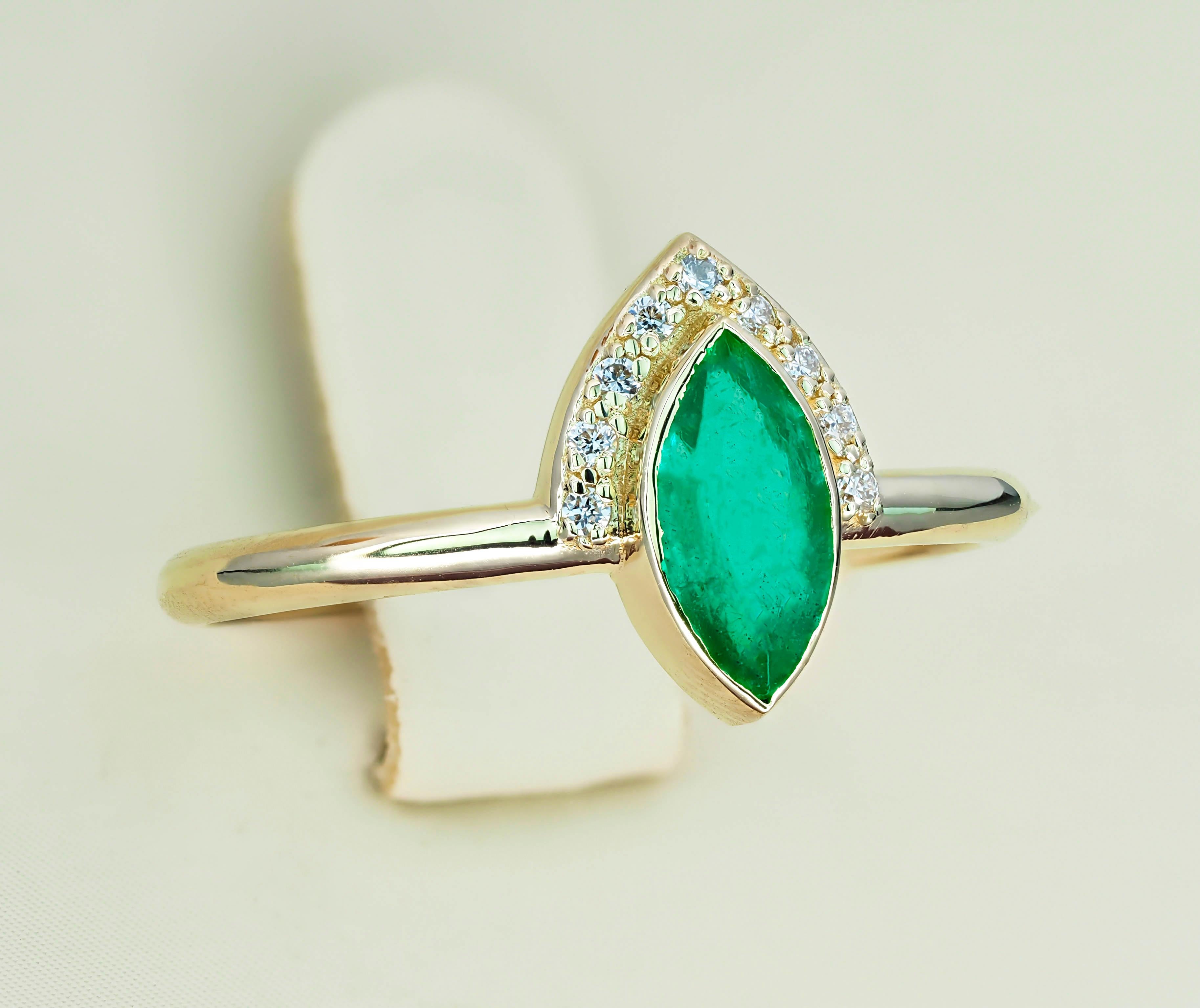 For Sale:  14 K Gold Ring with Marquise Cut Emerald and Diamonds 4