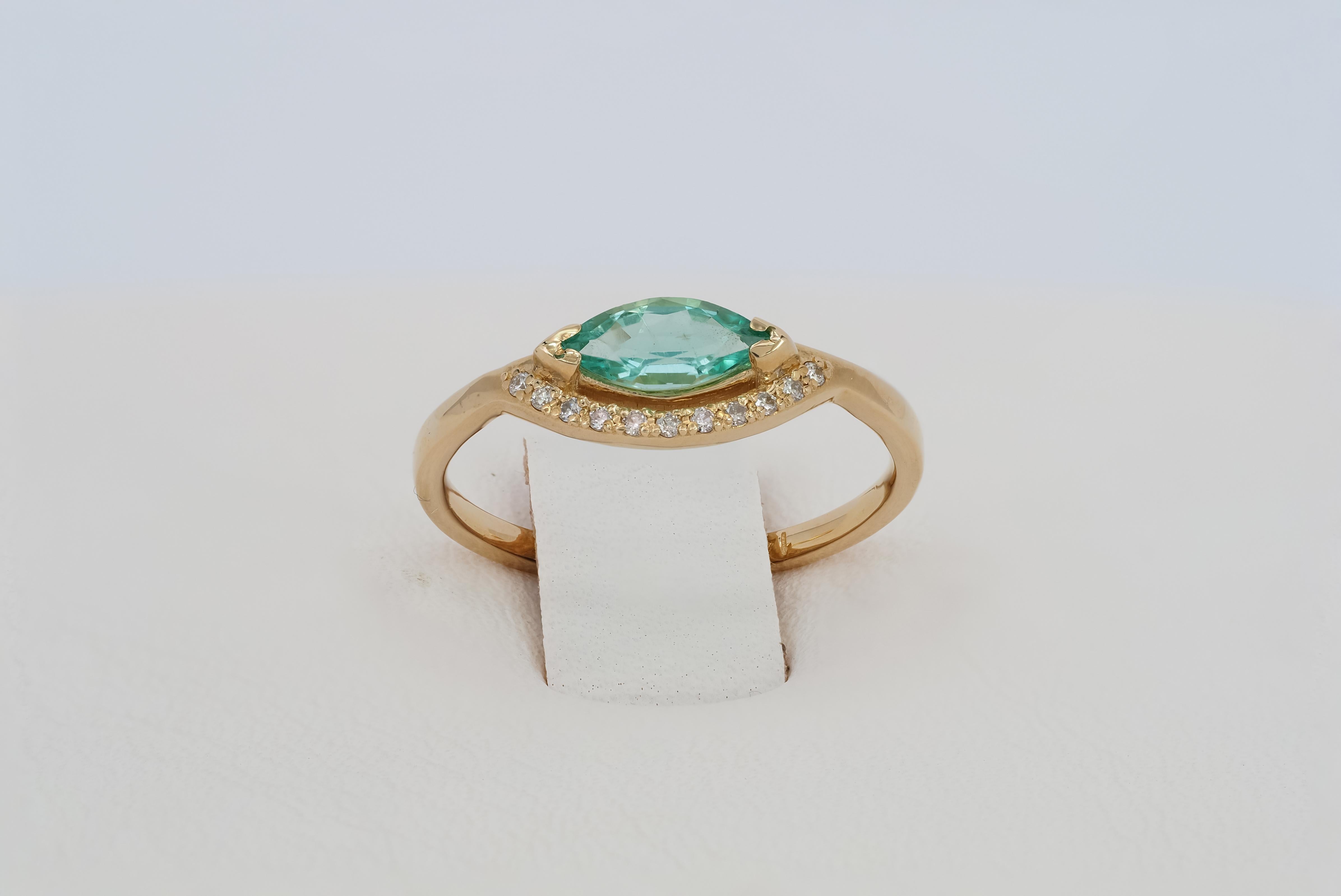 For Sale:  14 K Gold Ring with Marquise Cut Emerald and Diamonds 5