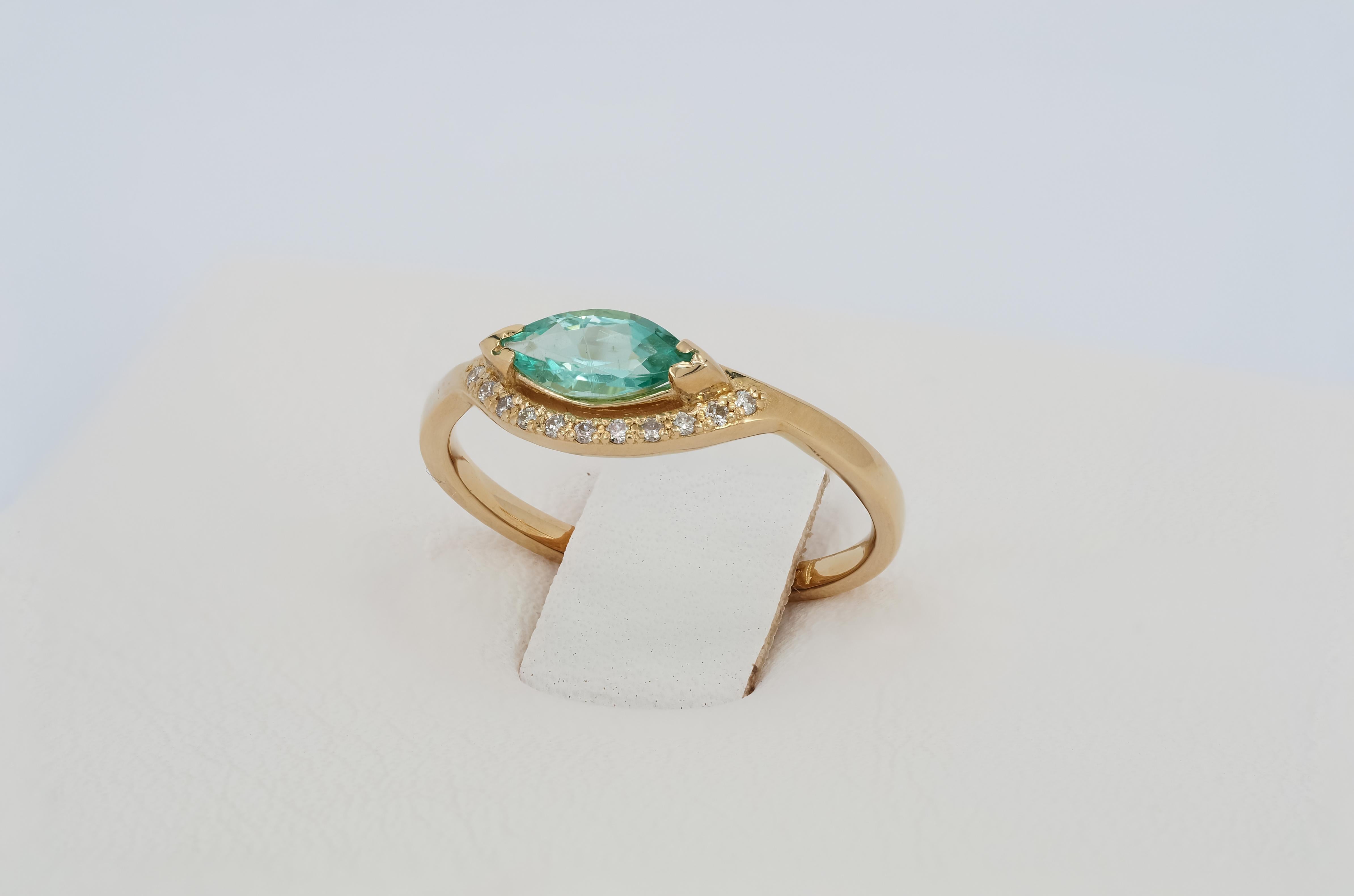 For Sale:  14 K Gold Ring with Marquise Cut Emerald and Diamonds 7