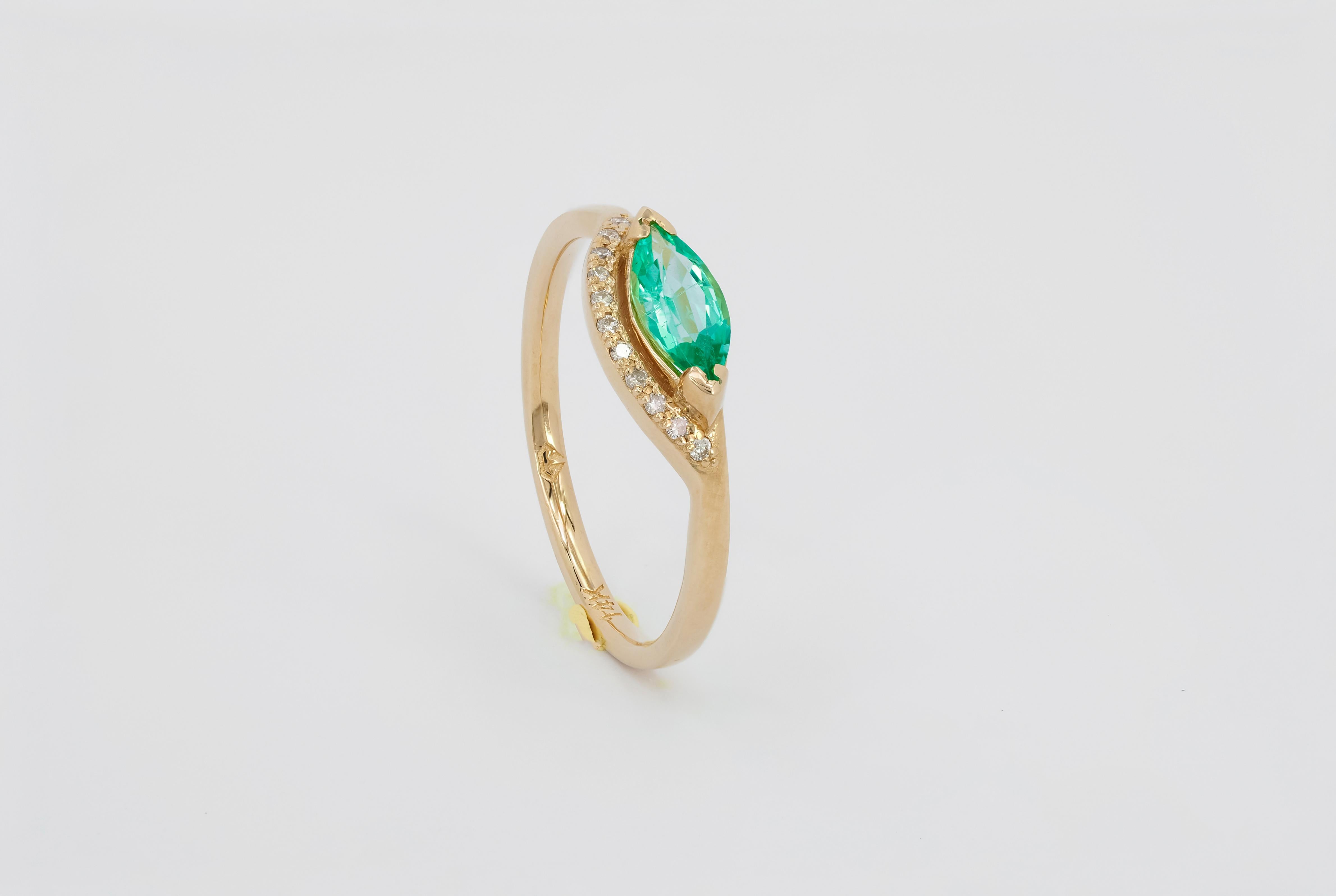 For Sale:  14 K Gold Ring with Marquise Cut Emerald and Diamonds 8
