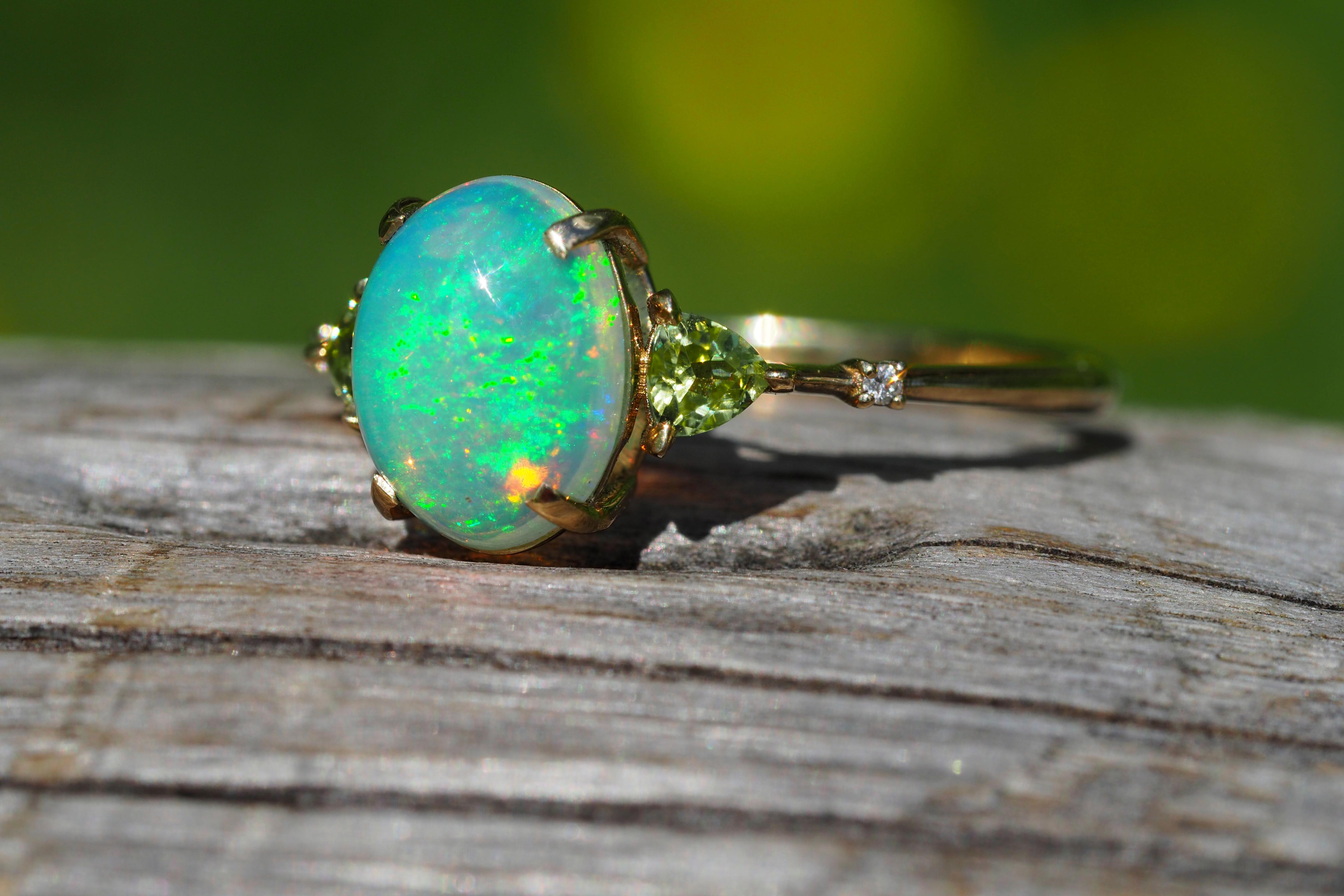 14 k gold ring with opal, peridot, diamonds.  For Sale 6