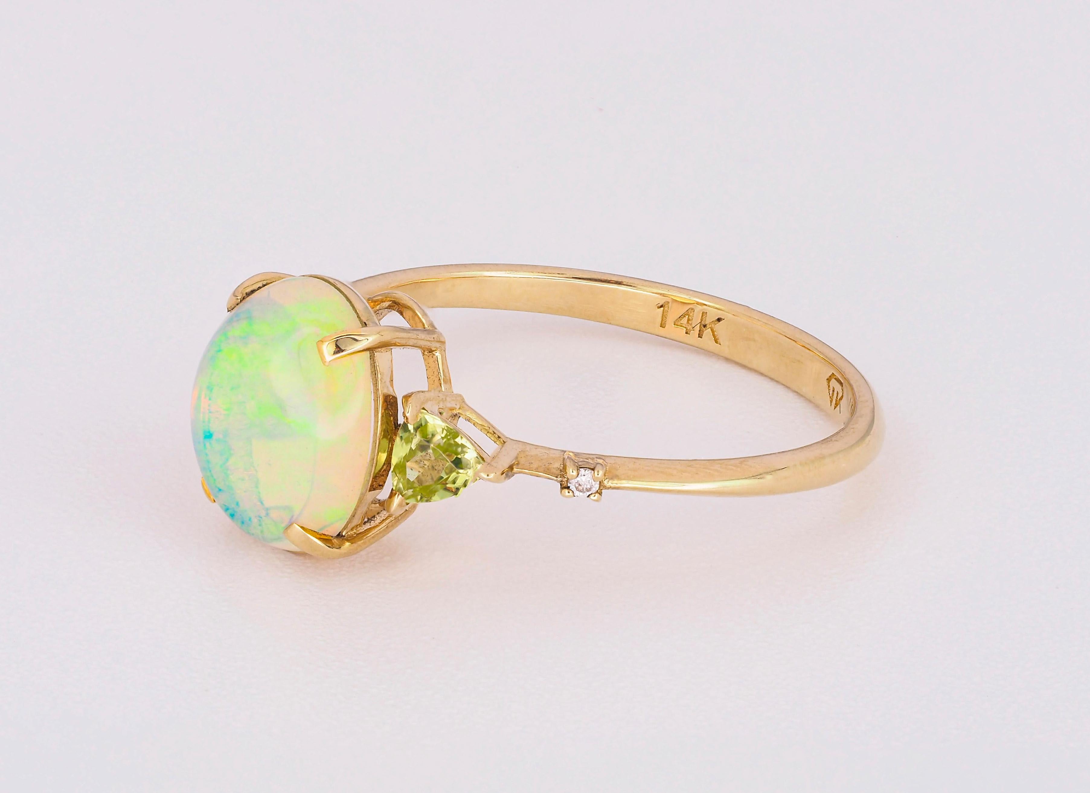 Cabochon 14 k gold ring with opal, peridot, diamonds.  For Sale