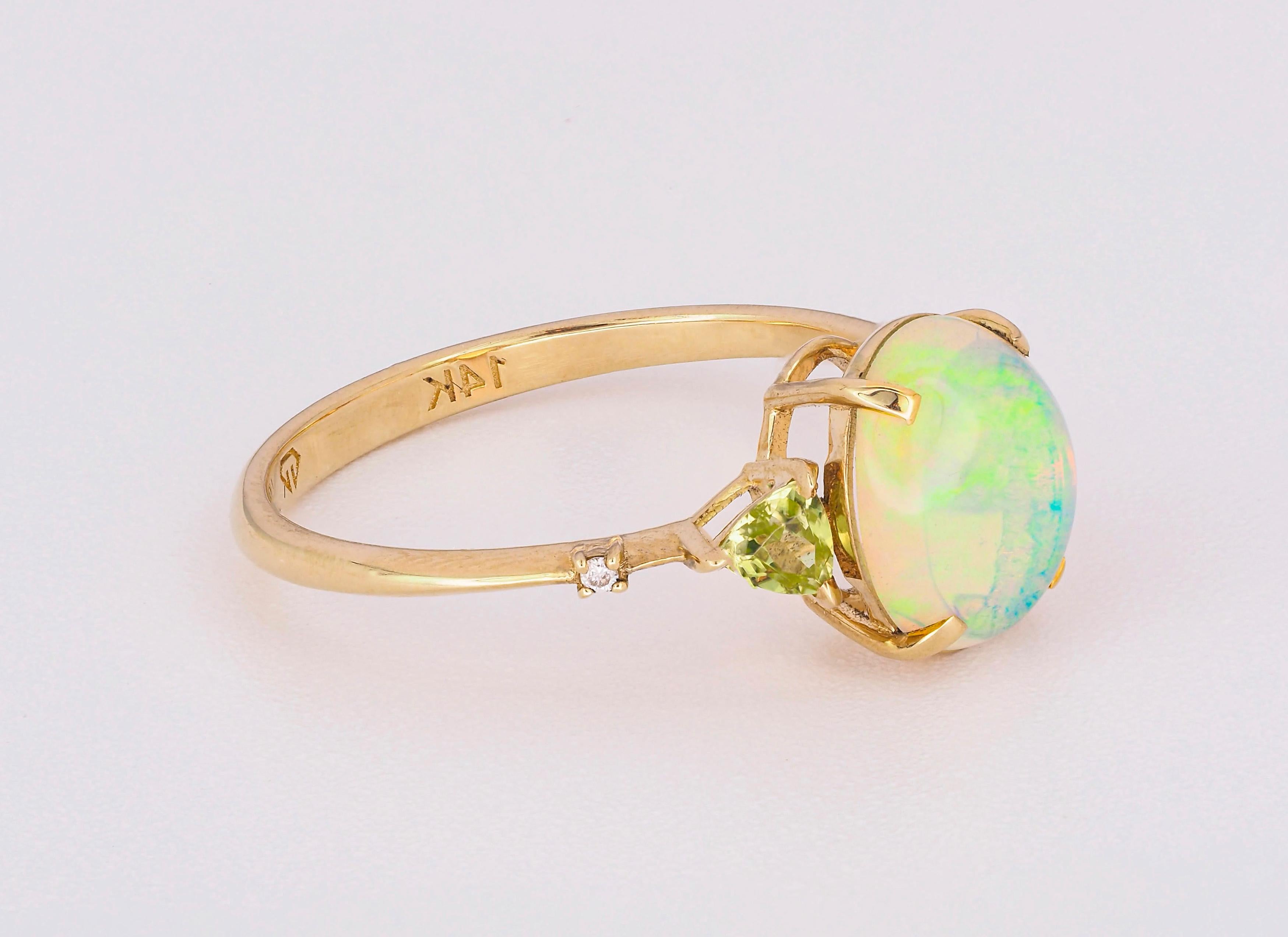 14 k gold ring with opal, peridot, diamonds.  In New Condition For Sale In Istanbul, TR