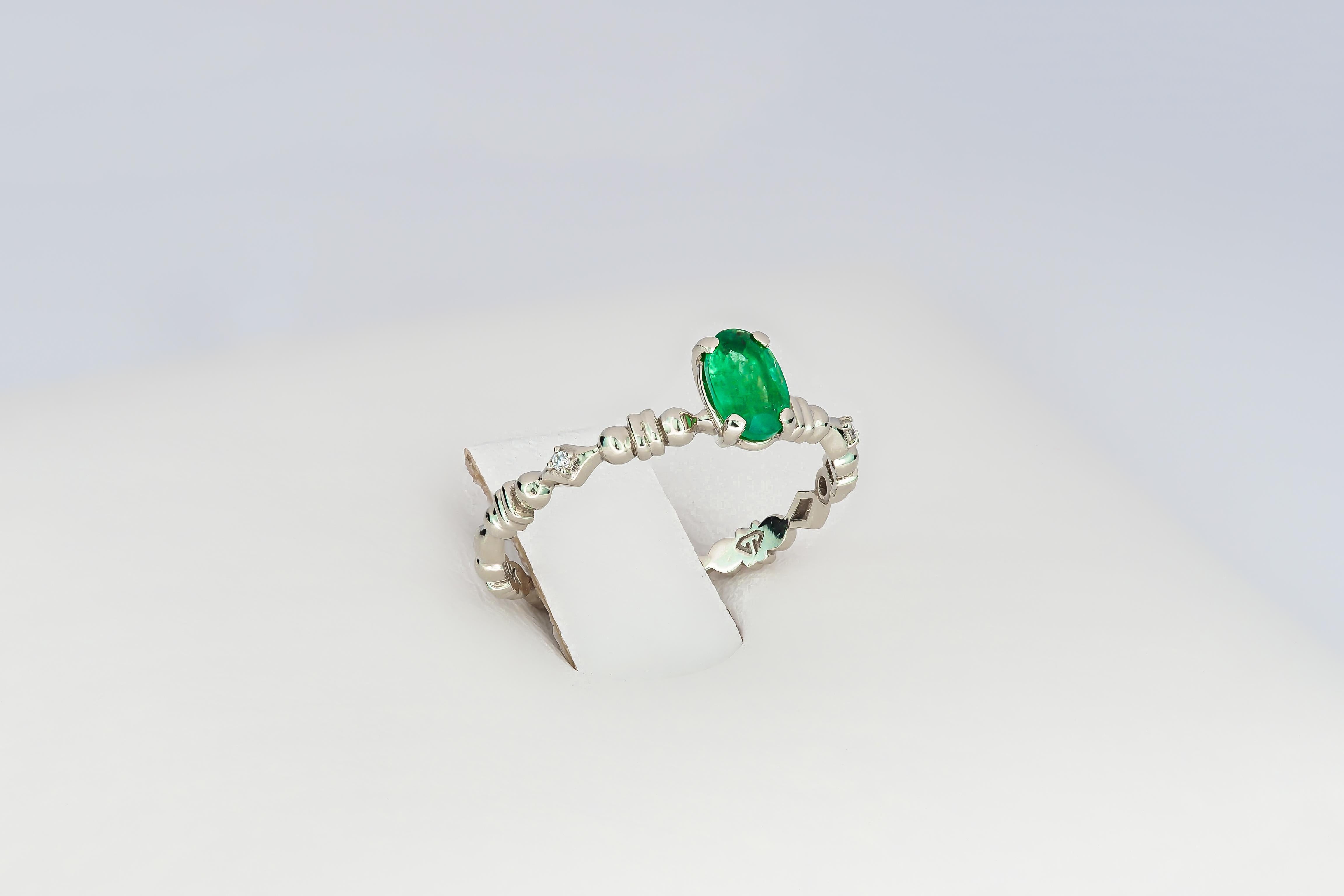 For Sale:  14 K Gold Ring with Oval Emerald and Diamonds 5