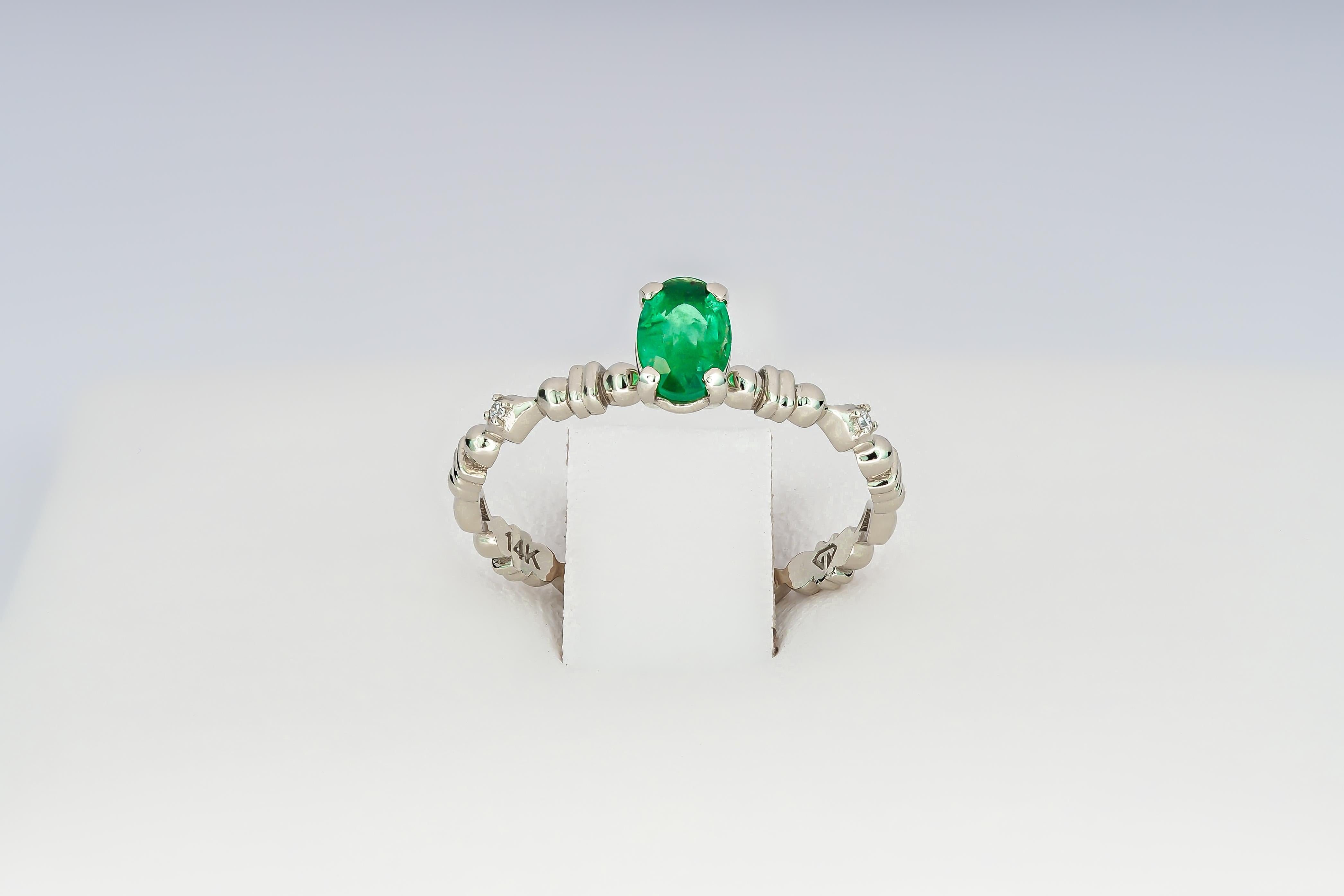 For Sale:  14 K Gold Ring with Oval Emerald and Diamonds 6