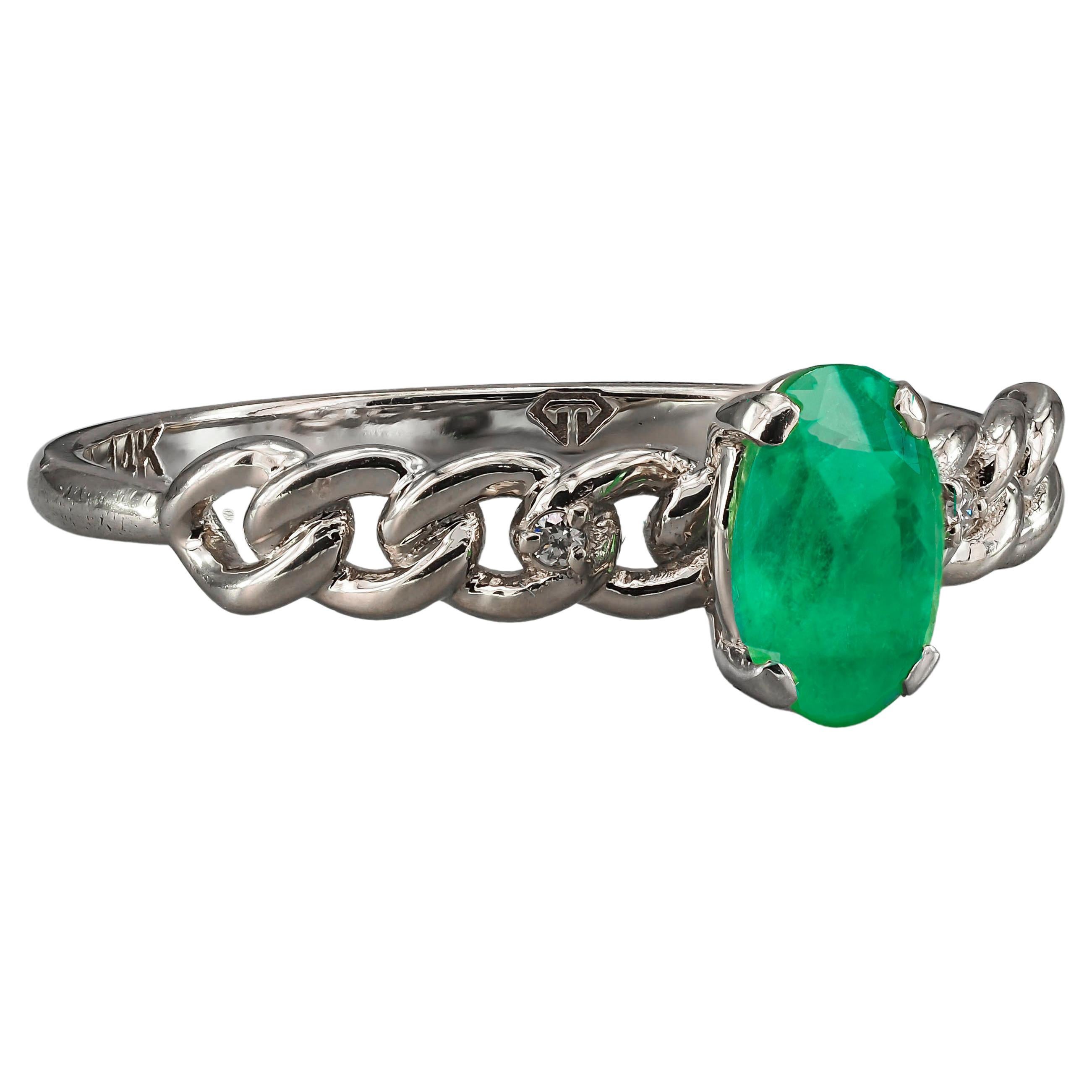 For Sale:  Emerald and diamonds 14k gold ring. Oval emerald gold ring.