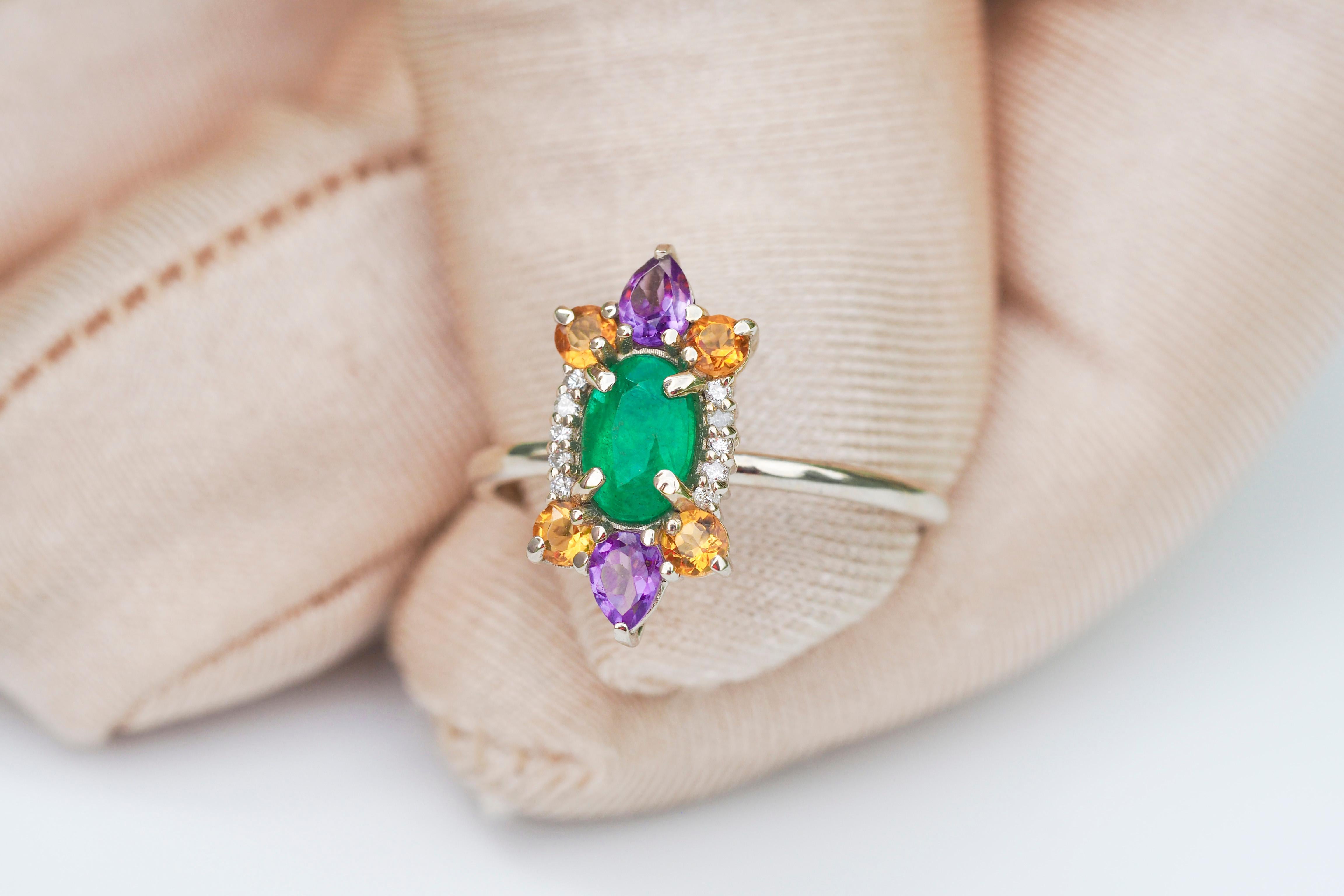 For Sale:  14 K Gold Ring with Oval Emerald, Sapphires, Amethysts and Diamonds! 10